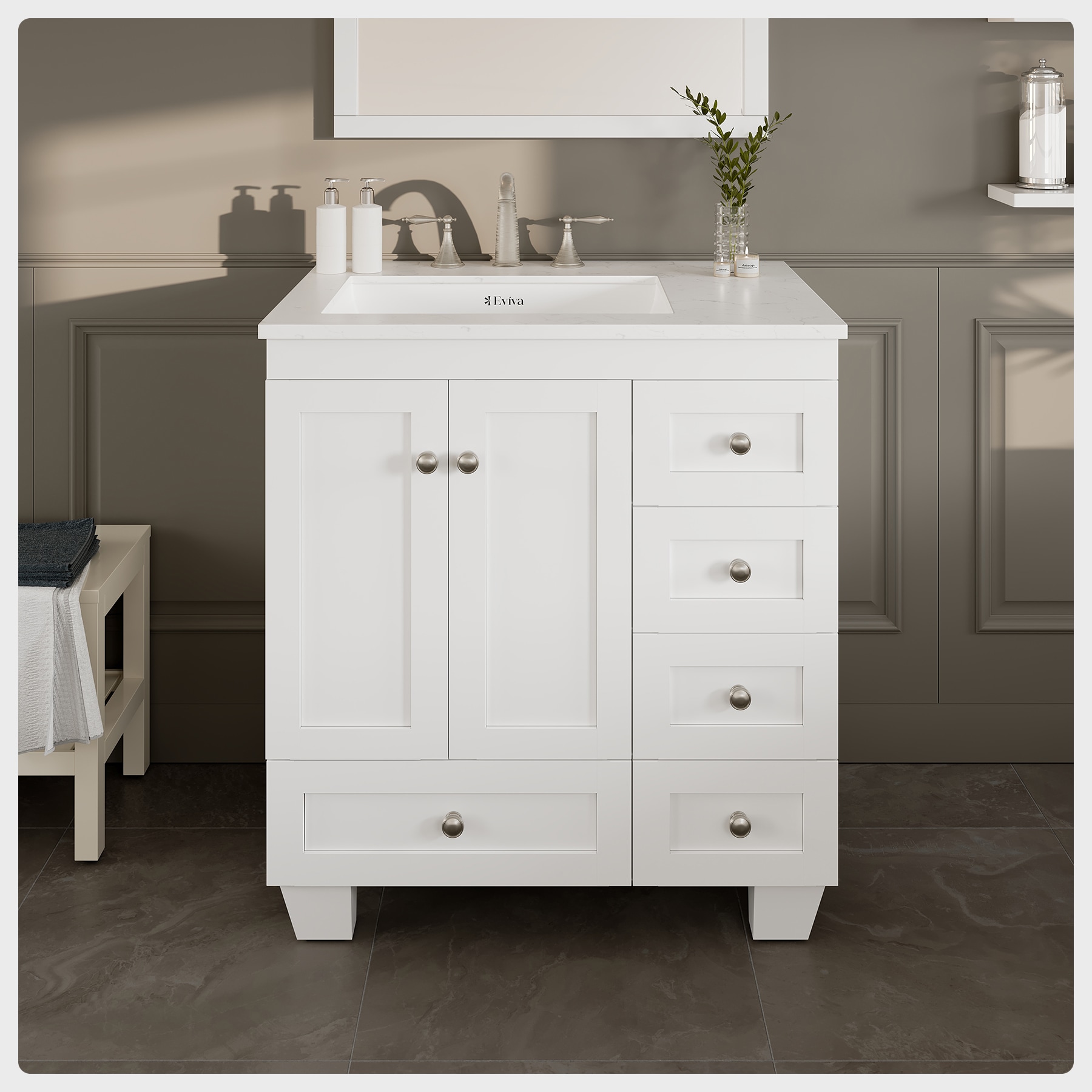 Eviva EVVN69-30WH-Q Acclaim 30-in White Undermount Single Sink Bathroom Vanity with White Quartz Top