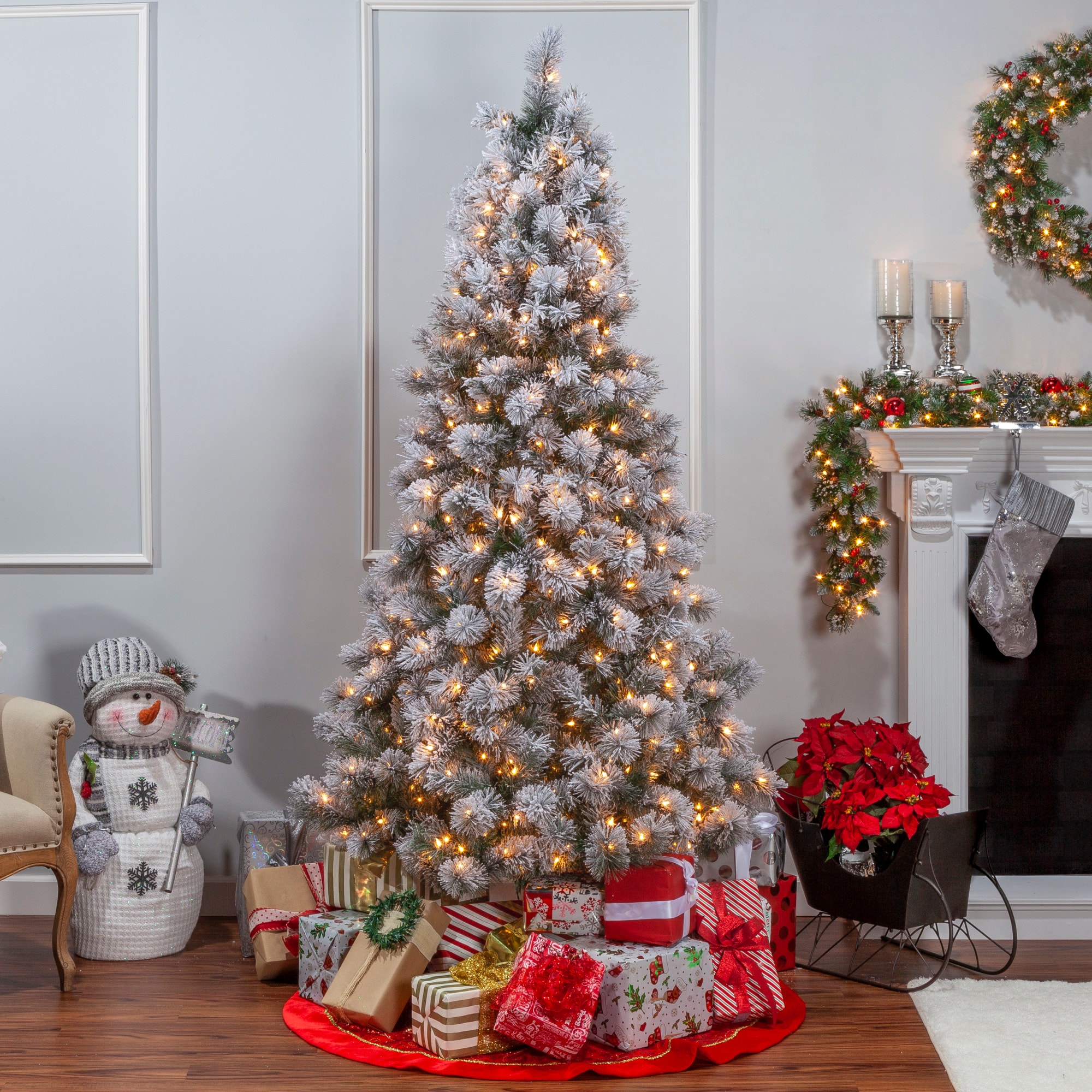 Sterling Tree Company 7.5-ft Pine Pre-lit Flocked Artificial Christmas ...