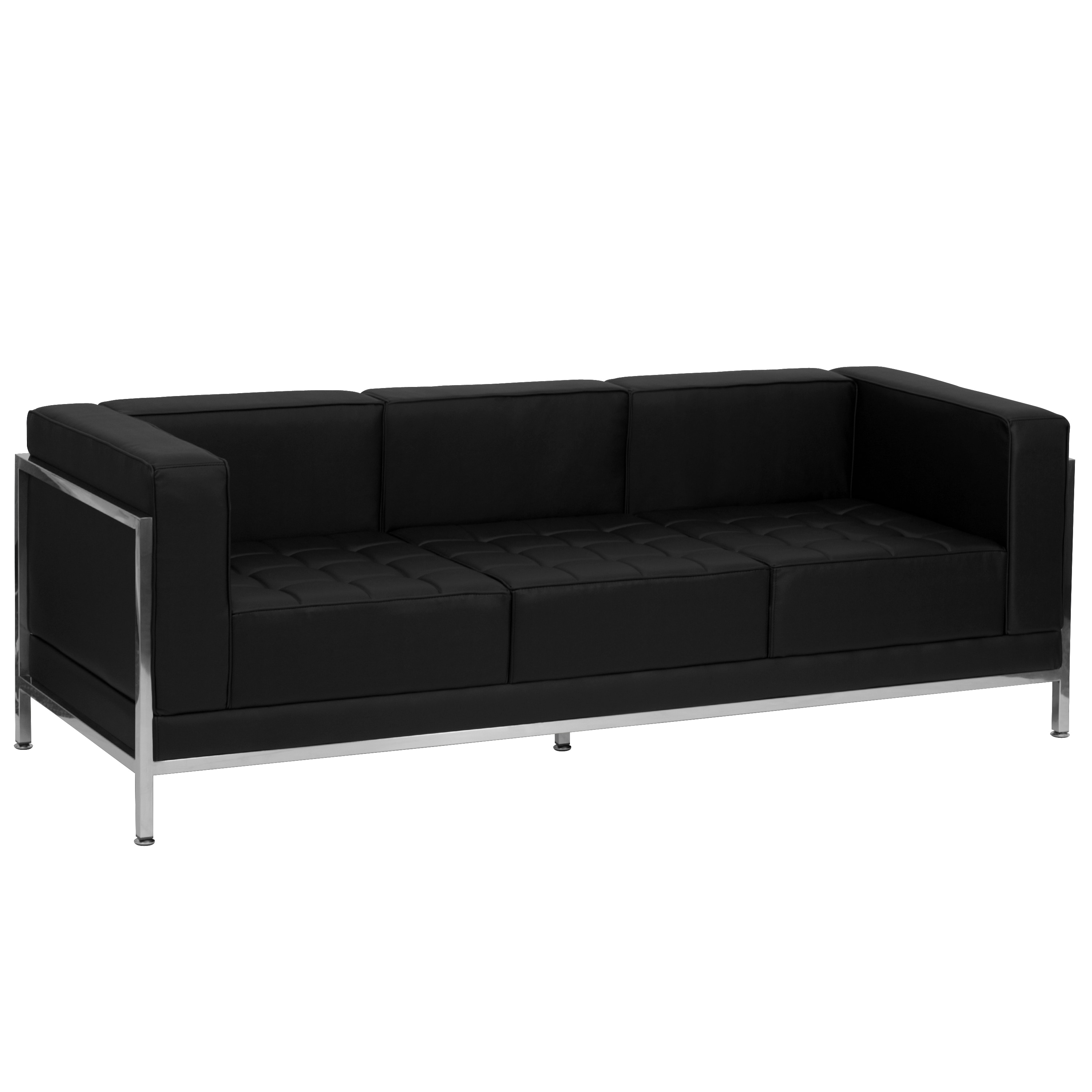 Modern Black Leather Tufted Reception Sofa with Metal Frame