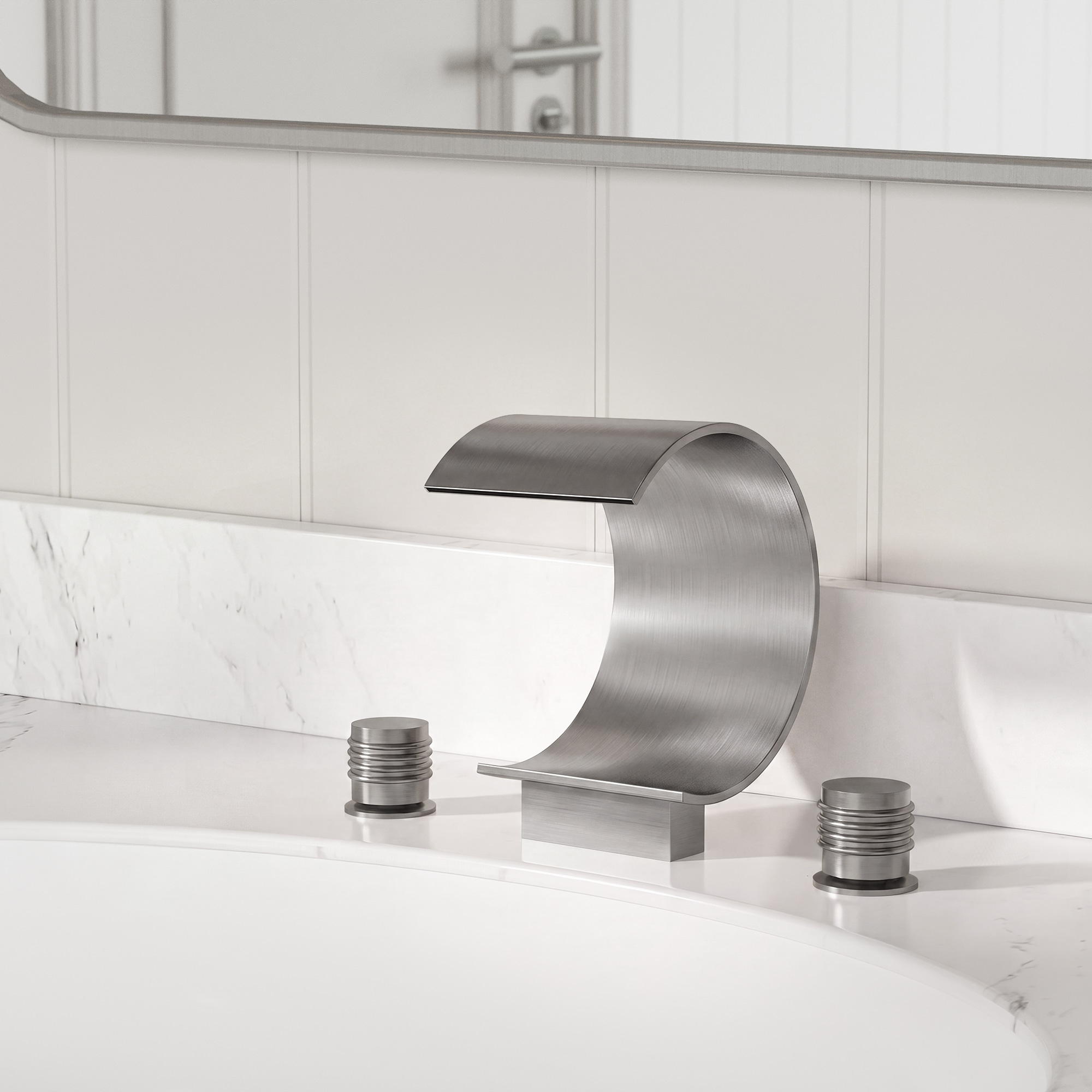 YAWWALK  Brushed Nickel Waterfall Widespread 3-hole Knob 2-Handle High-Arc Bathroom Sink Faucet Assembly with Pop-Up Drain