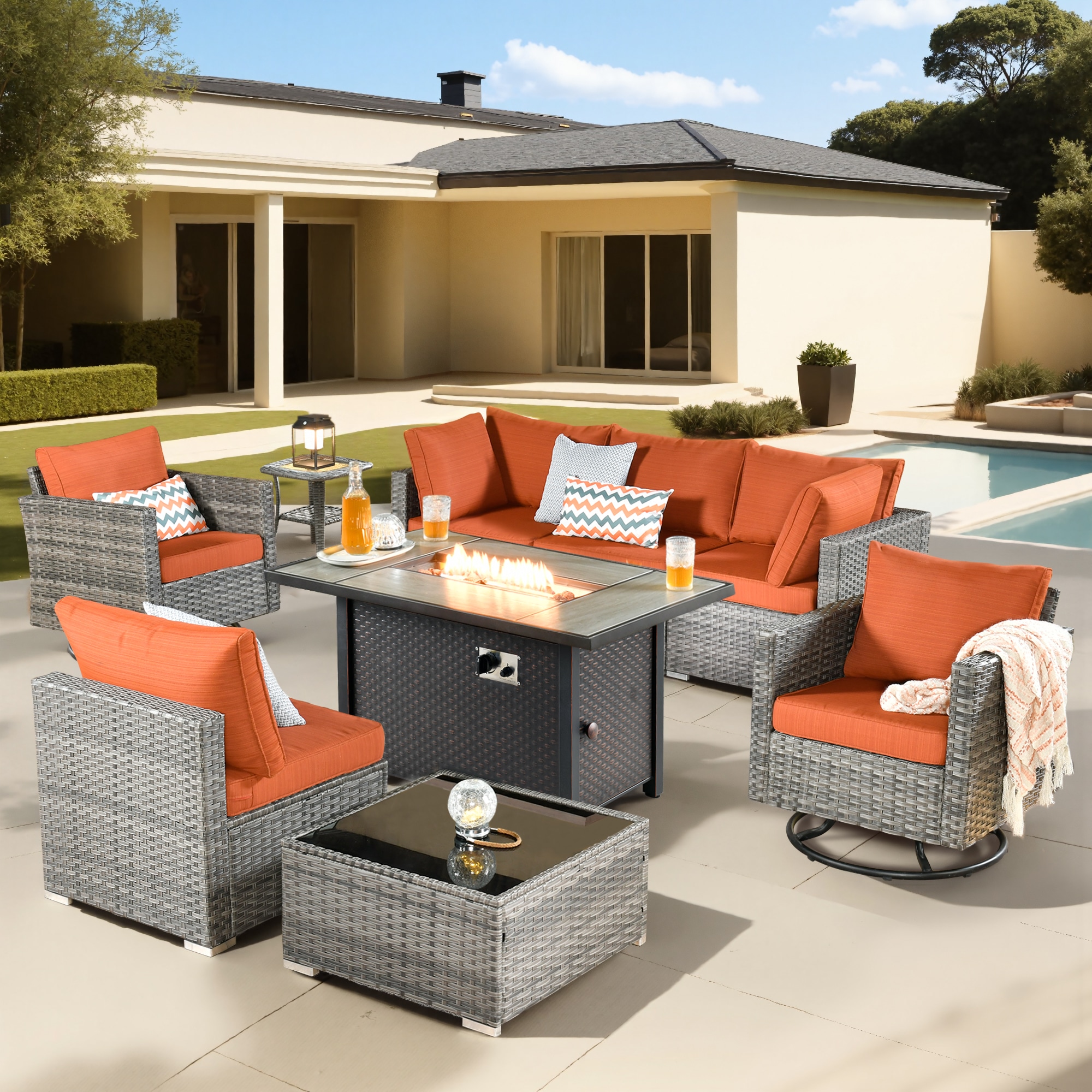 Pouuin SCFPHOP809 7 -Piece Wicker Patio Sofa Conversation Set with Orange Cushions