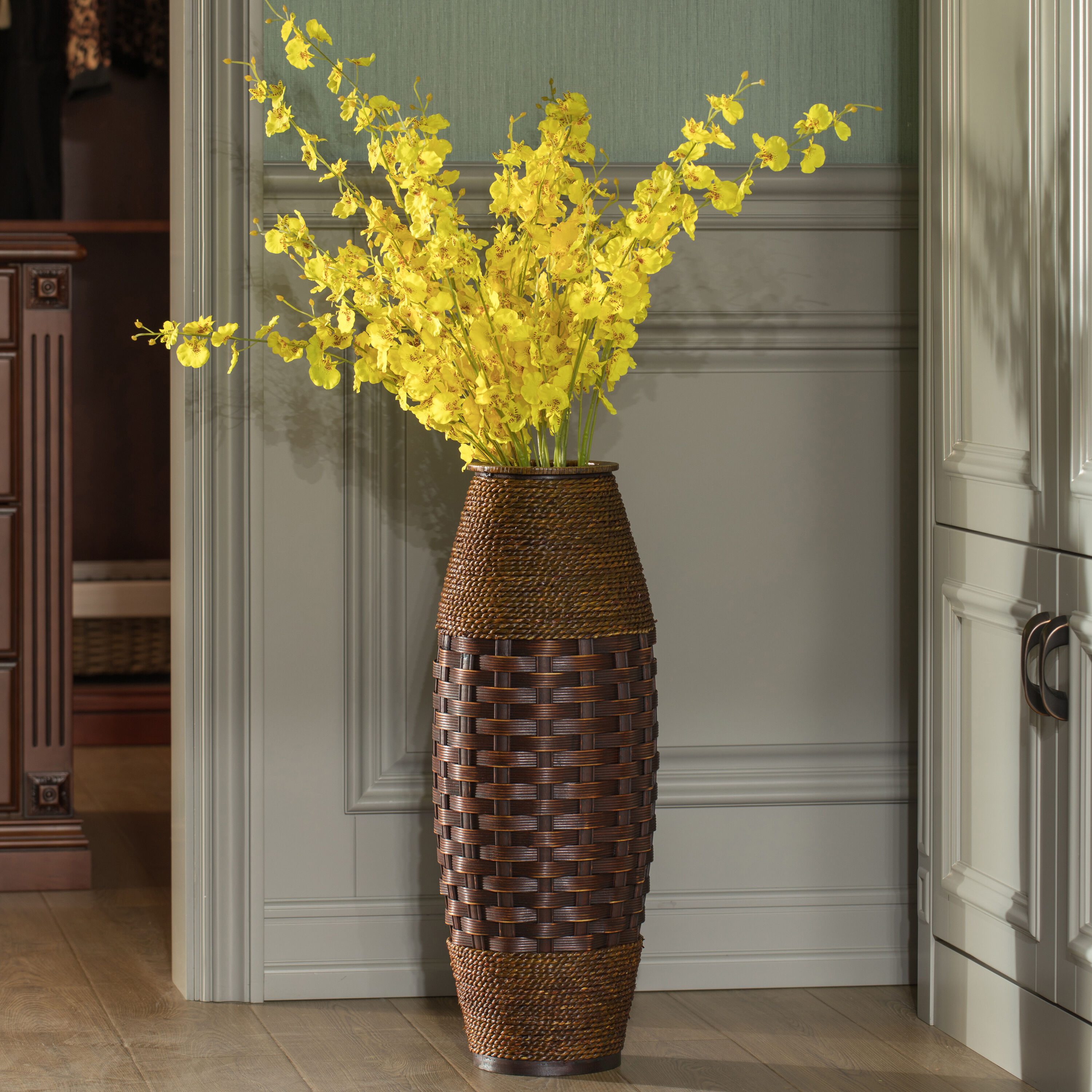 Antique Bamboo Rope Cylinder Floor Vase, Brown, 26"