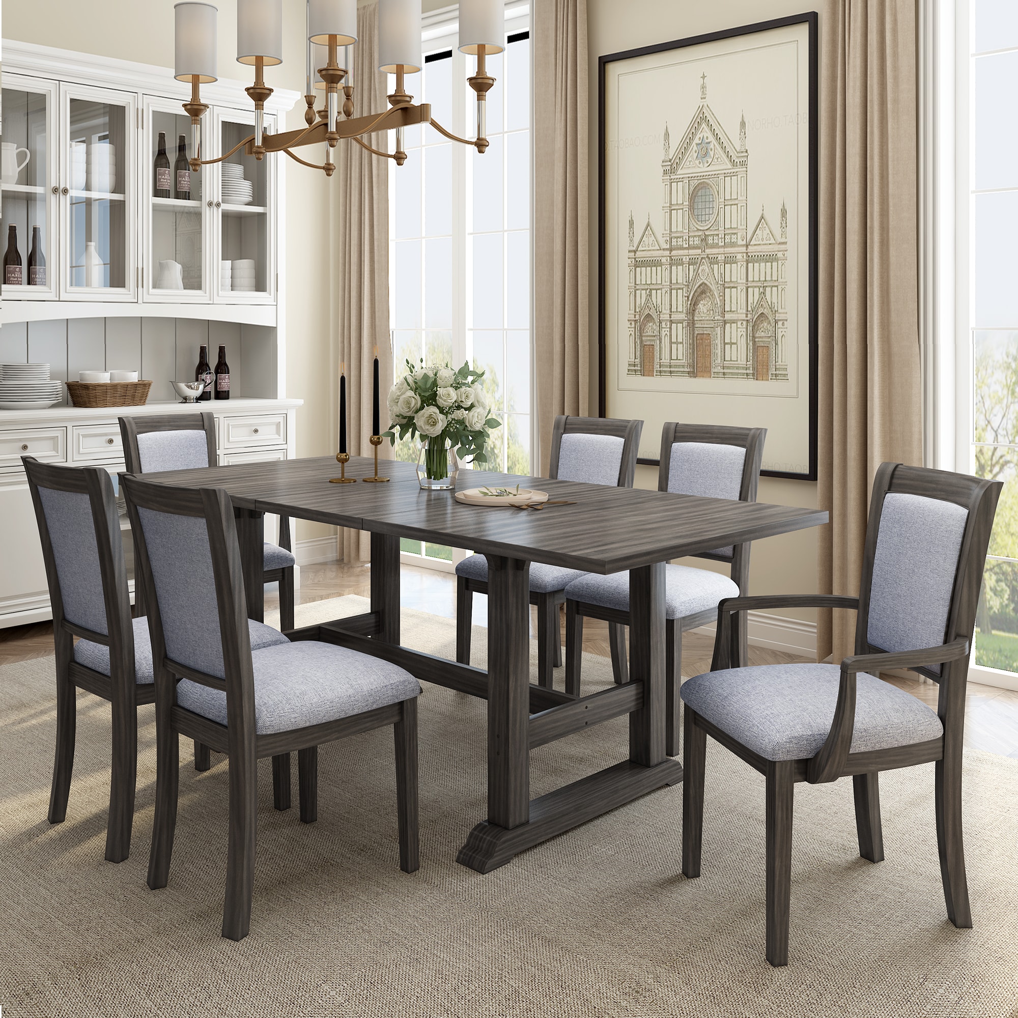 JANSNO DKSELL034 Gray Rustic Dining Room Set with Rectangular Table ( Seats 6 )