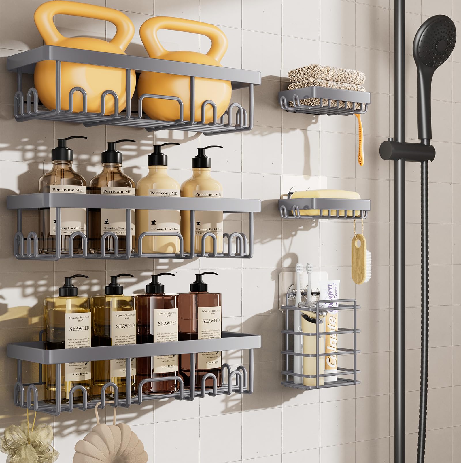 Lovav 6 Pack Adhesive Shower Caddy No Drill Waterproof Rustproof Bathroom Organizer Shelf Storage Rack Wall Mount Light Grey