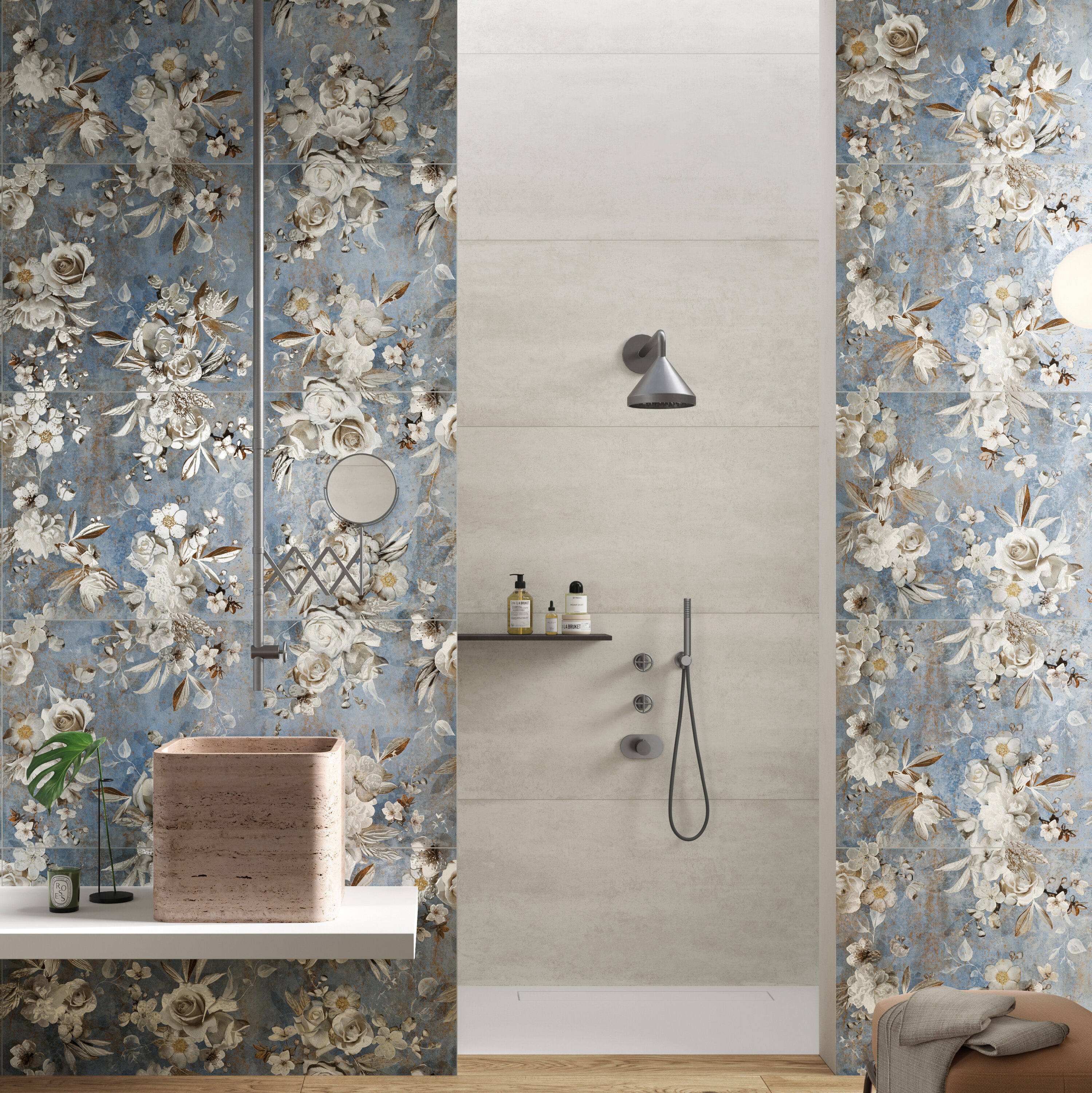 Parete Setoso Large Blue and White Glazed Porcelain Floral Tile