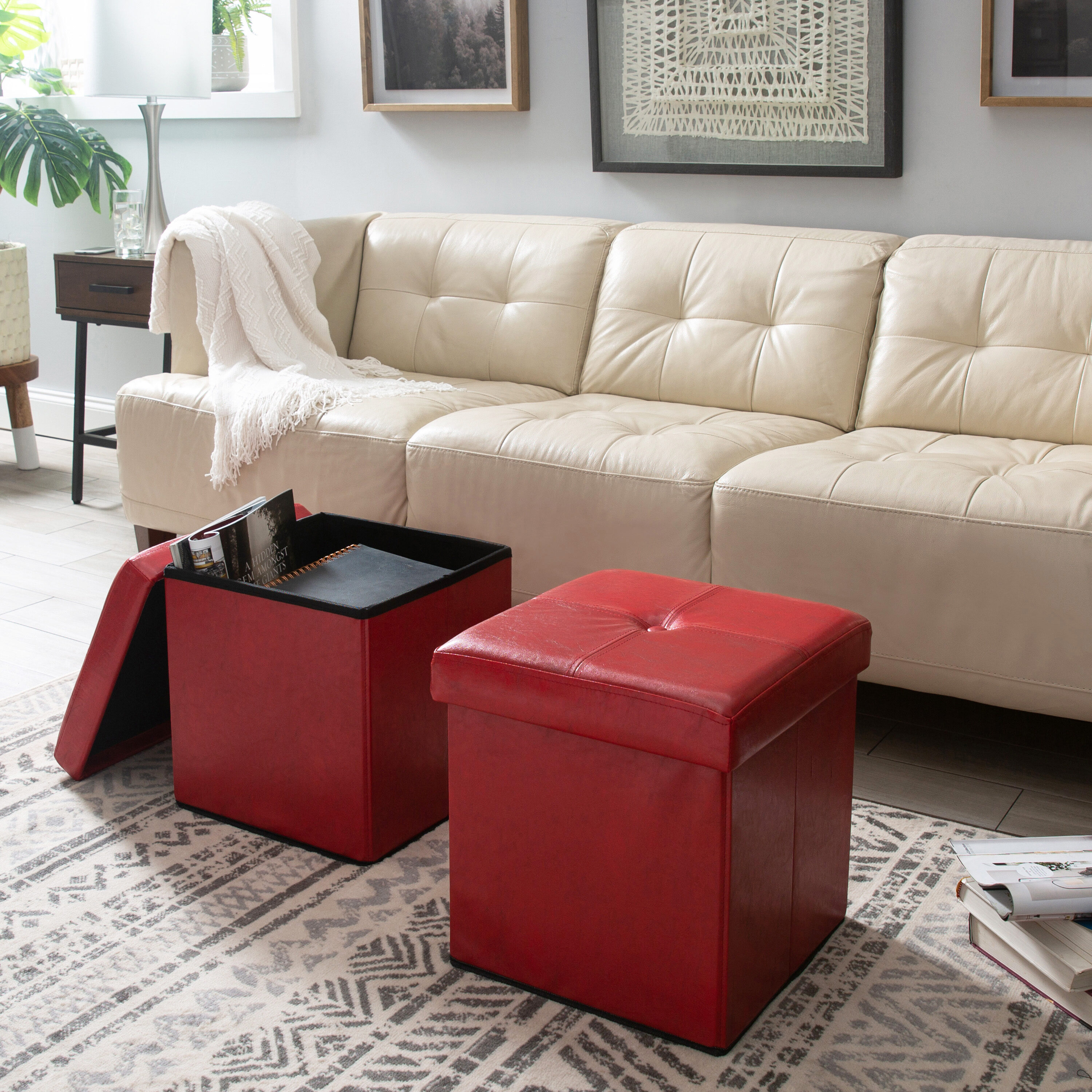 Red leather deals storage ottoman