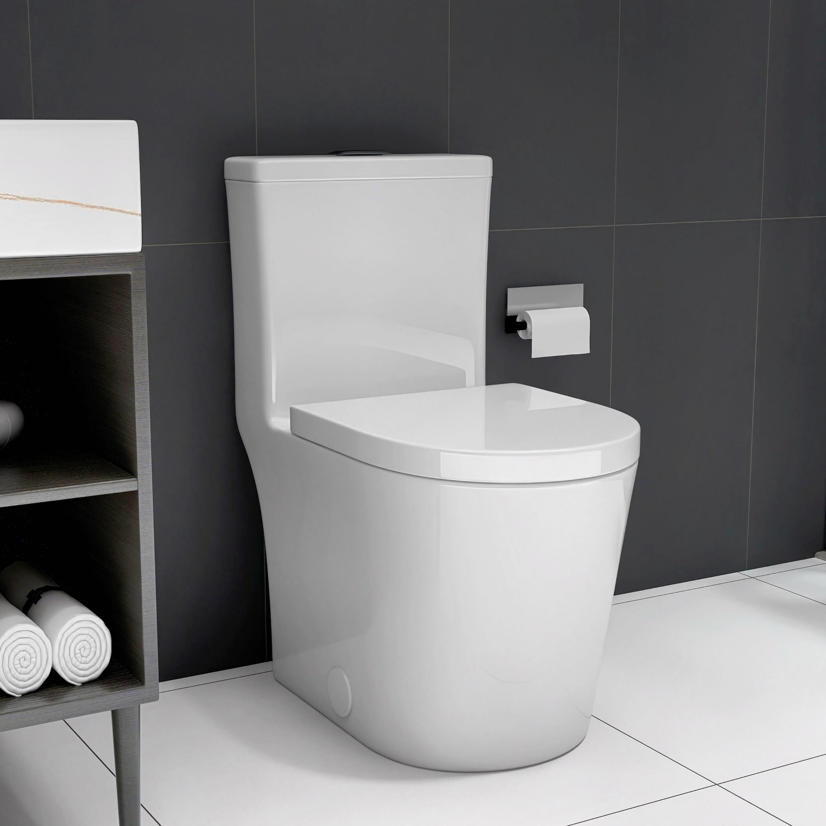 WELLFOR QPZ-TM26006 TB White Elongated Standard height 12-in Rough-In WaterSense 1.6 GPF Dual Slow Close Feature 1-piece Toilet