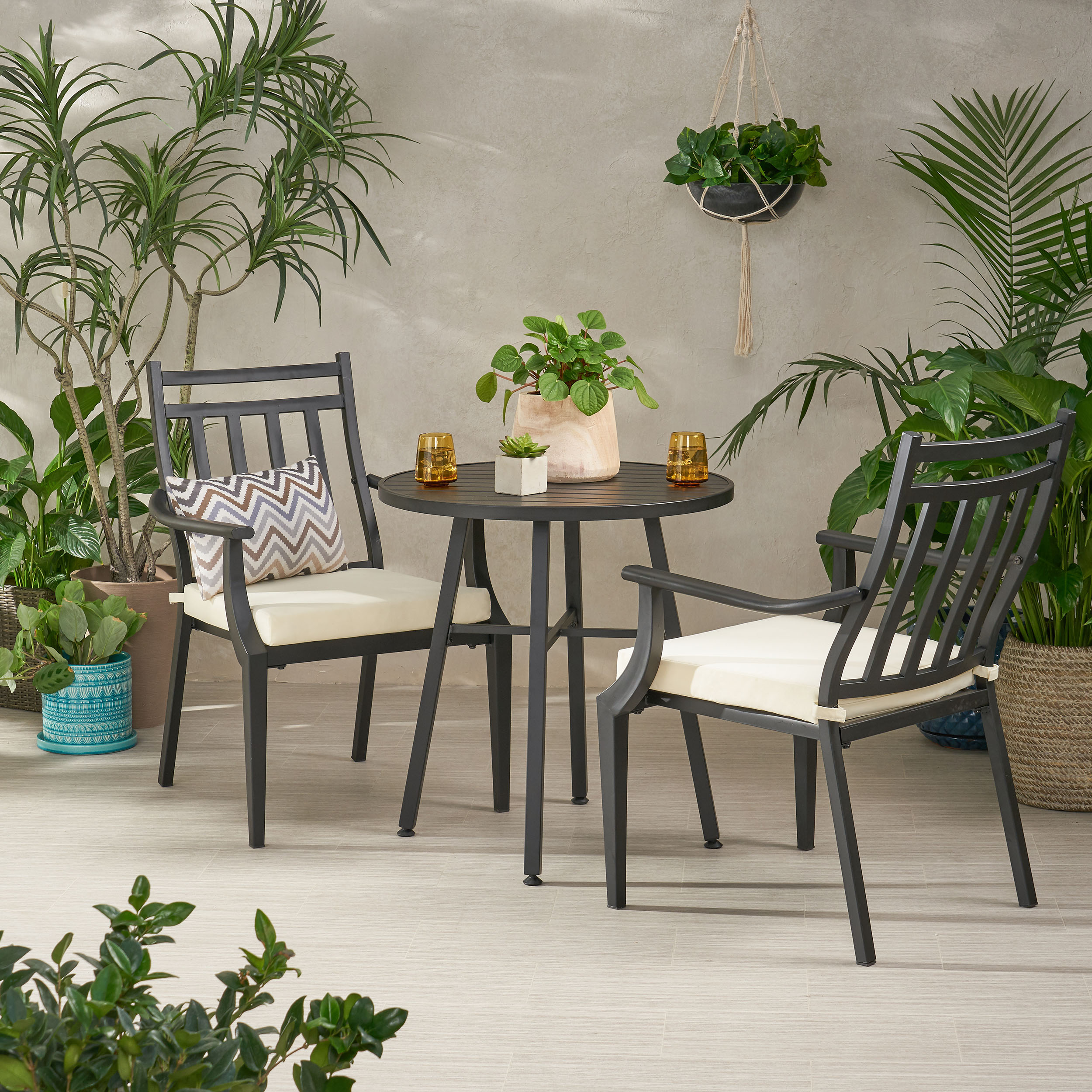 Matte Black and Beige Iron 3-Piece Outdoor Bistro Set with Cushions