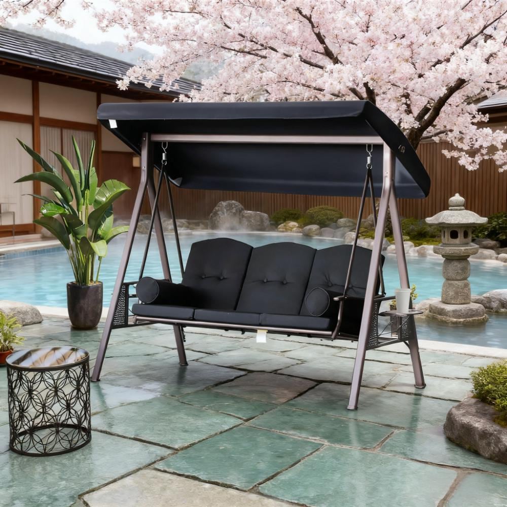 Forclover Porch Swing Steel Steel Frame Stationary Balcony Chair with Black Cushioned Seat