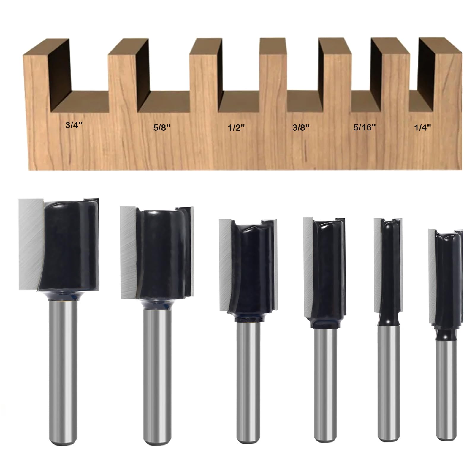 Linder Group Inc Straight Router Bit Set 6pcs 1 Quarter Shank Double Flute Carbide Tipped Woodworking Groove Dado Cut Three Quarter Five Eighth Half Three Eighth