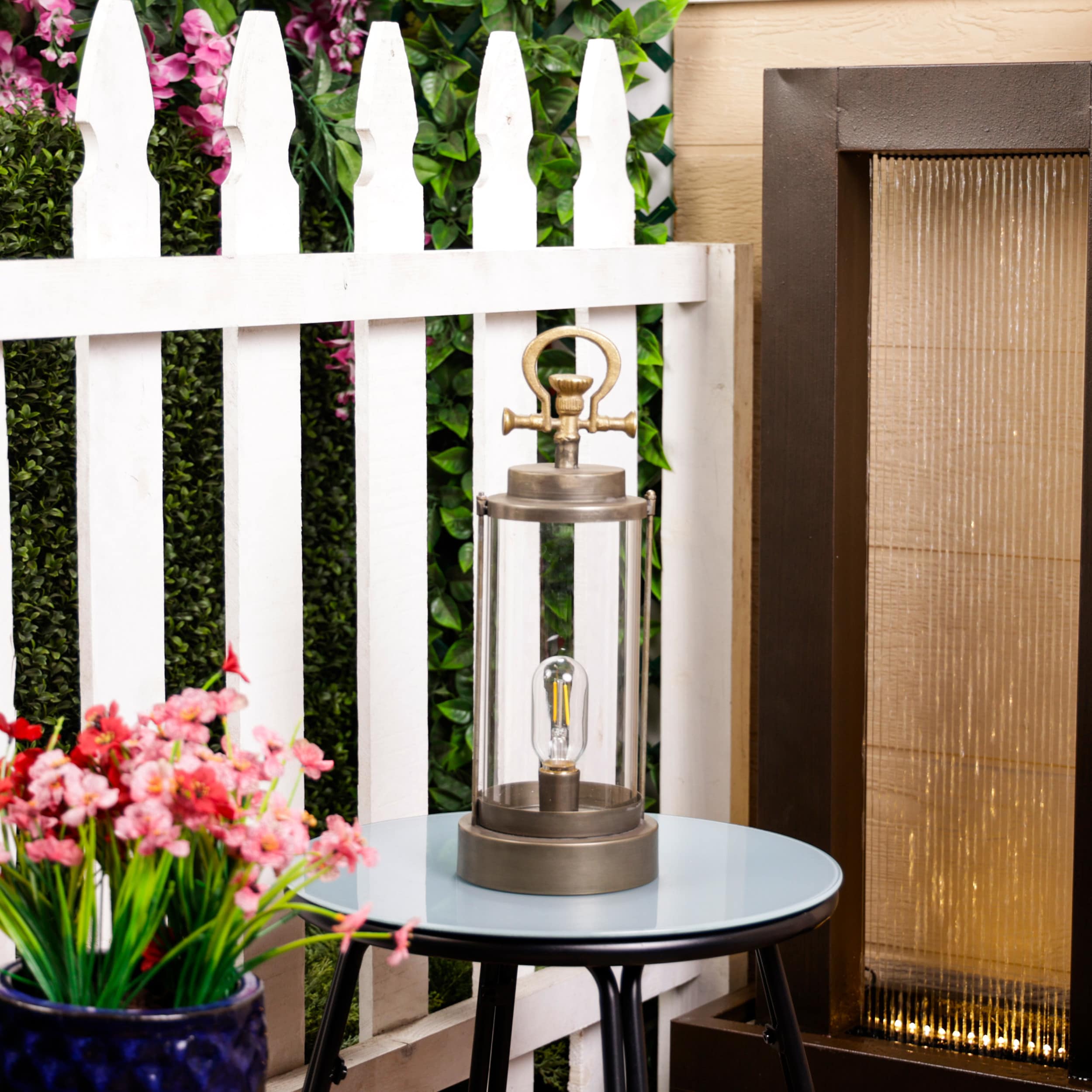 Vintage Gold Metal and Glass Lantern with LED Light