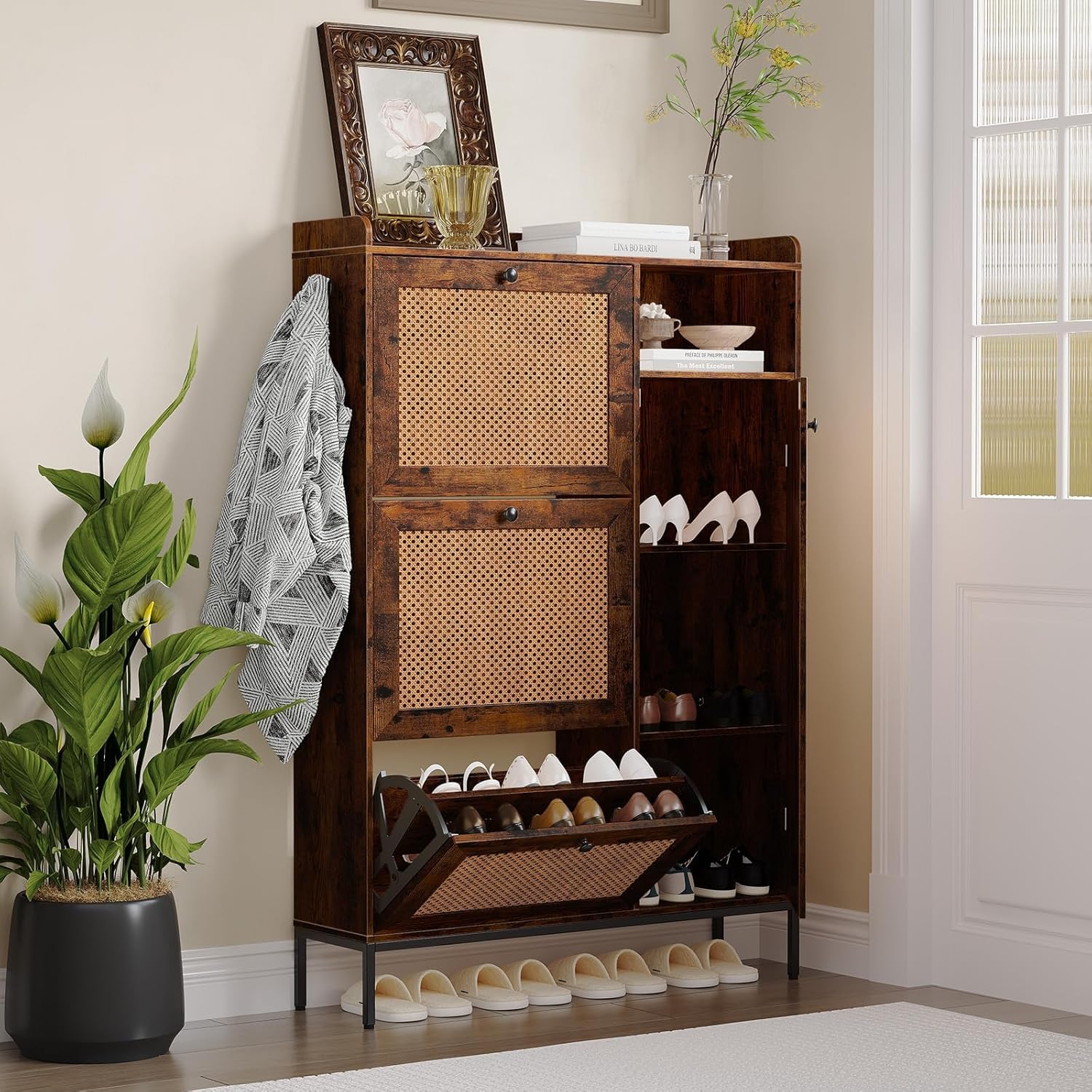 Garvee 3-Tier Rattan Shoe Cabinet with Flip Drawers Adjustable Shelves and Narrow Storage Design