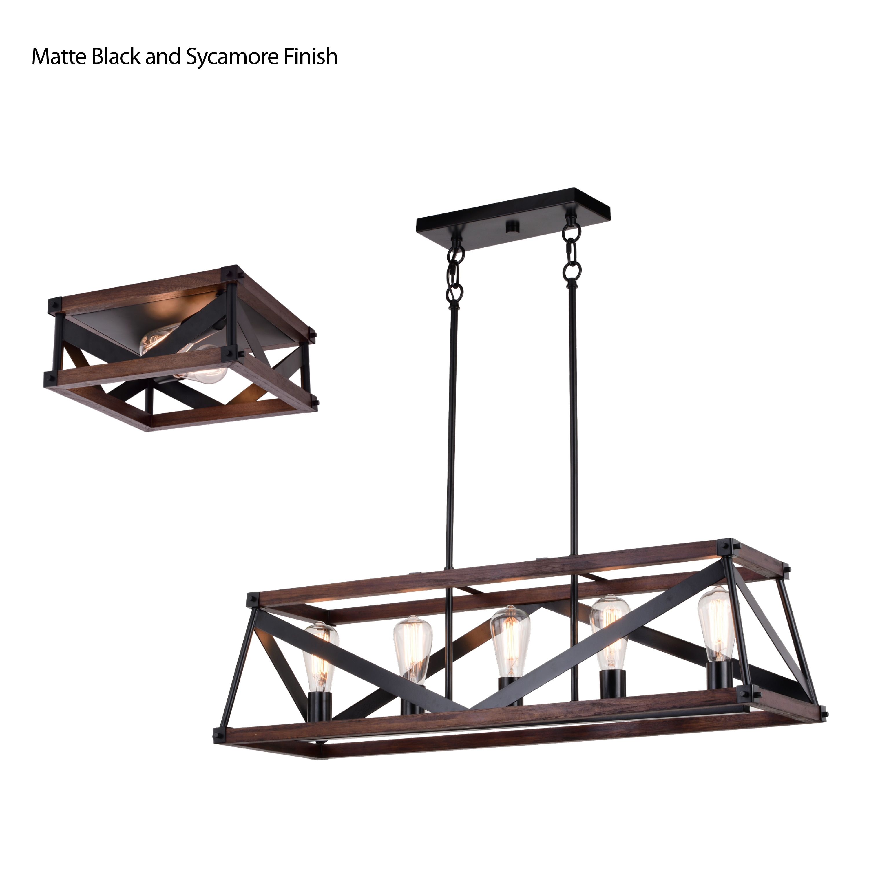 Matte Black and Sycamore Wood Cage Linear Chandelier