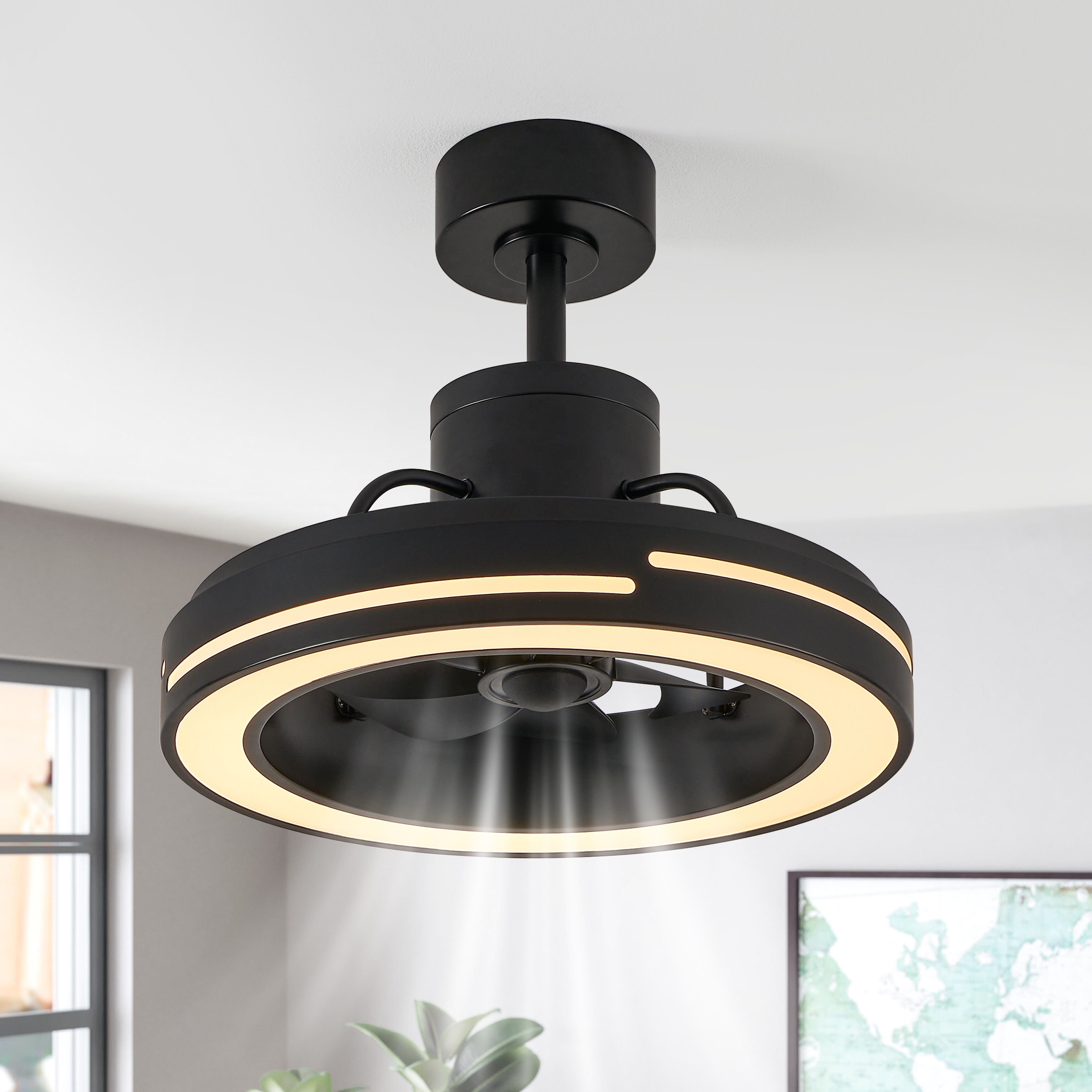 KAWOTI 21428 19-in Color-Changing Integrated LED Matte Black with Black Blades Fandelier Ceiling Fan With Light - Remote Included ( 7 -Blade )