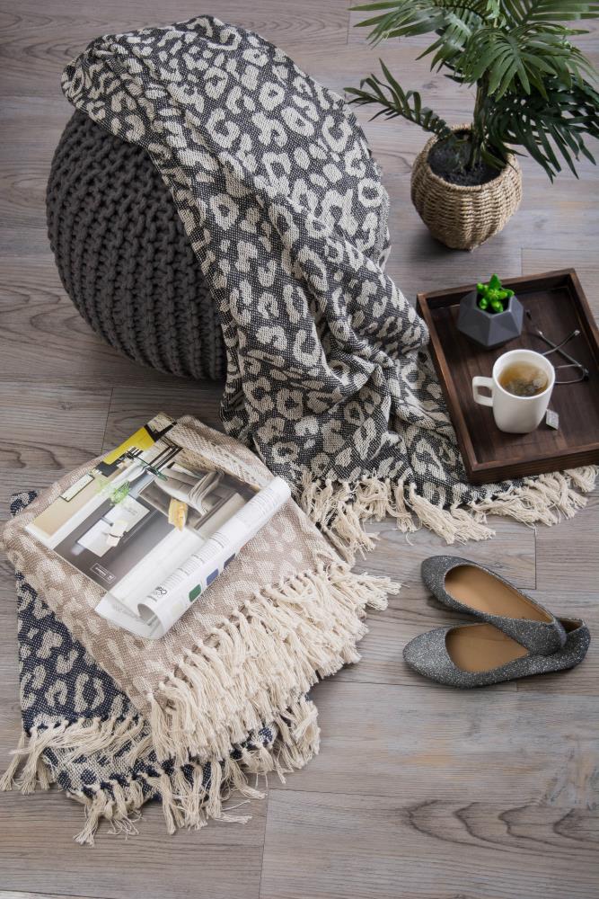 Beige and White Cotton Leopard Print Throw Blanket