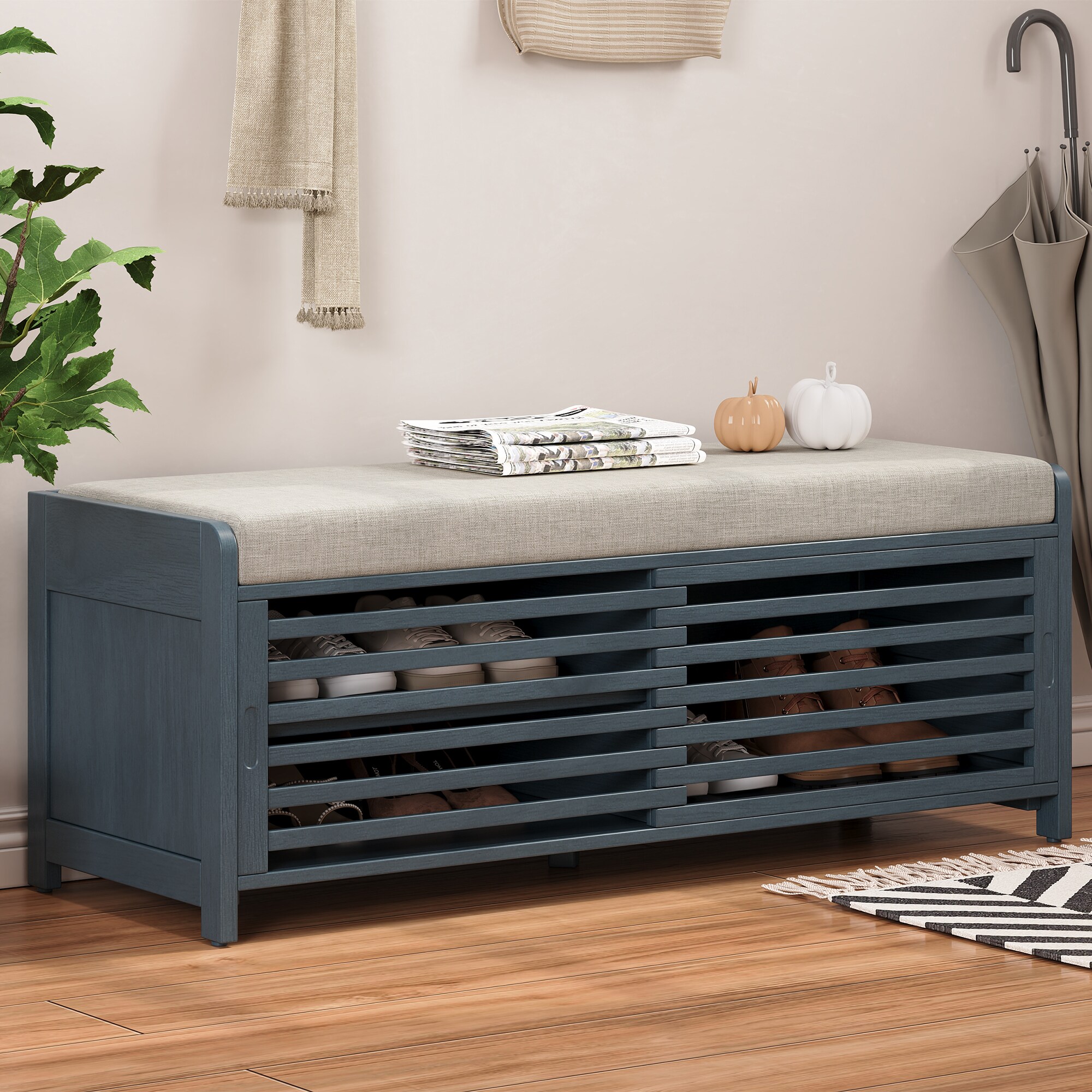 ModernLuxe N715P196968M Shoe Bench with Storage and Cushion Distressed Shutter Storage Bench with Retro Charm for Living Room Entryway Navy