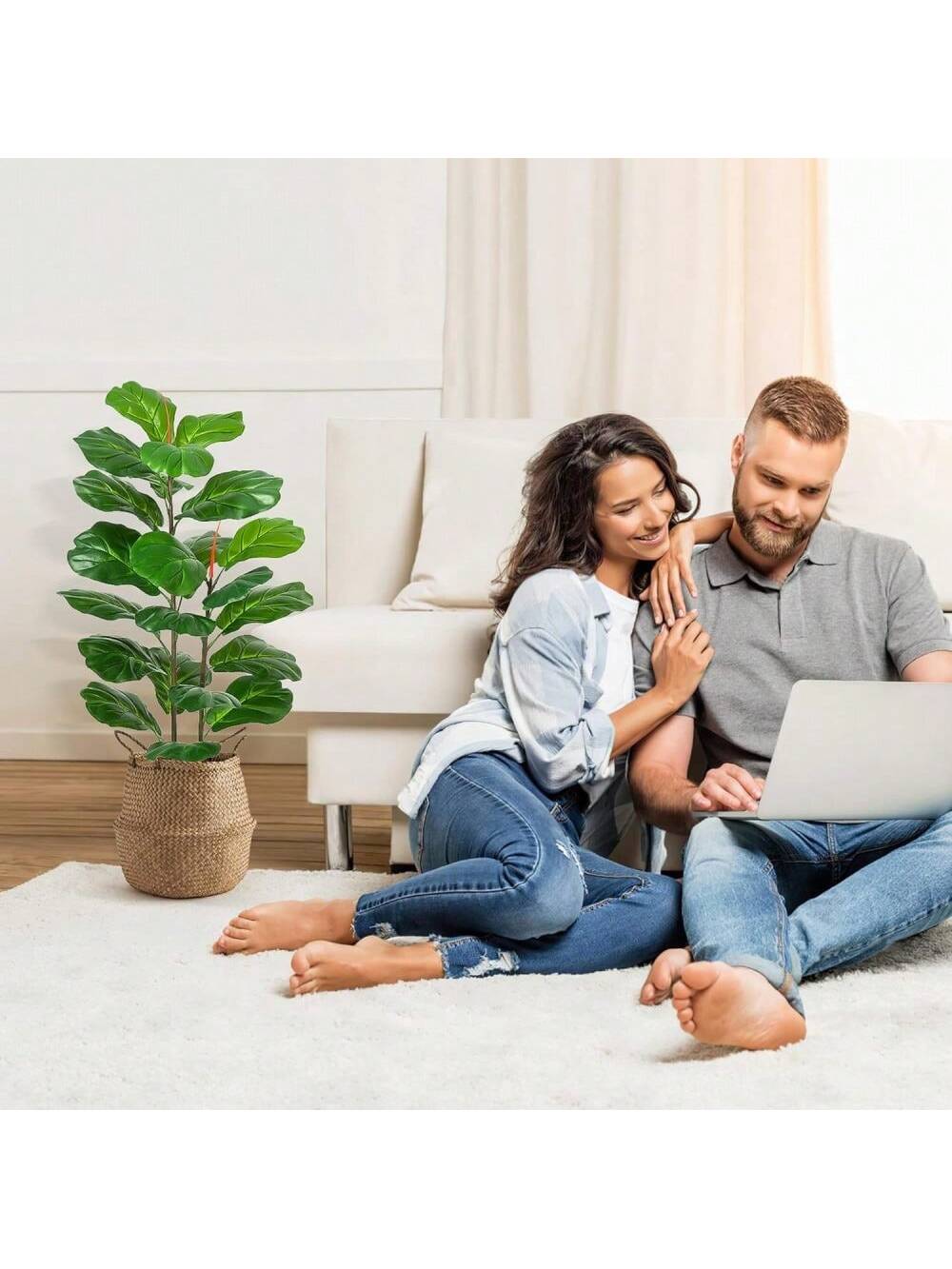 Qeetex PHO-0VEV8VYG-HF4 39 Inch Artificial Fiddle Leaf Ficus Tree With Natural Wood Trunk - Realistic Tropical Plant For Home Decor. Indoor and Outdoor Office Use