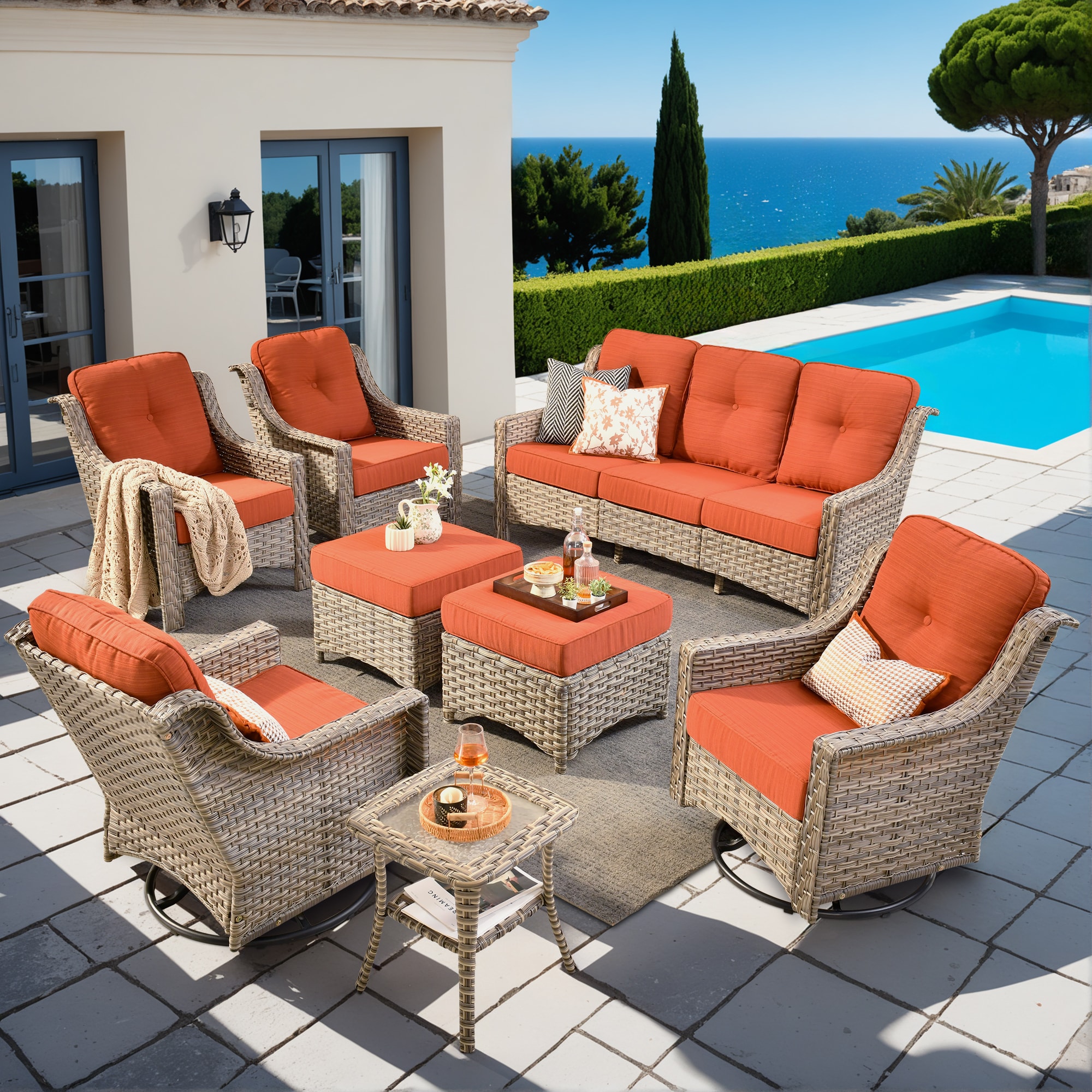 XIZZI XIPAD8085-RC3 Pyrophyllite 8 -Piece Rattan Patio Sofa Conversation Set with Orange Cushions