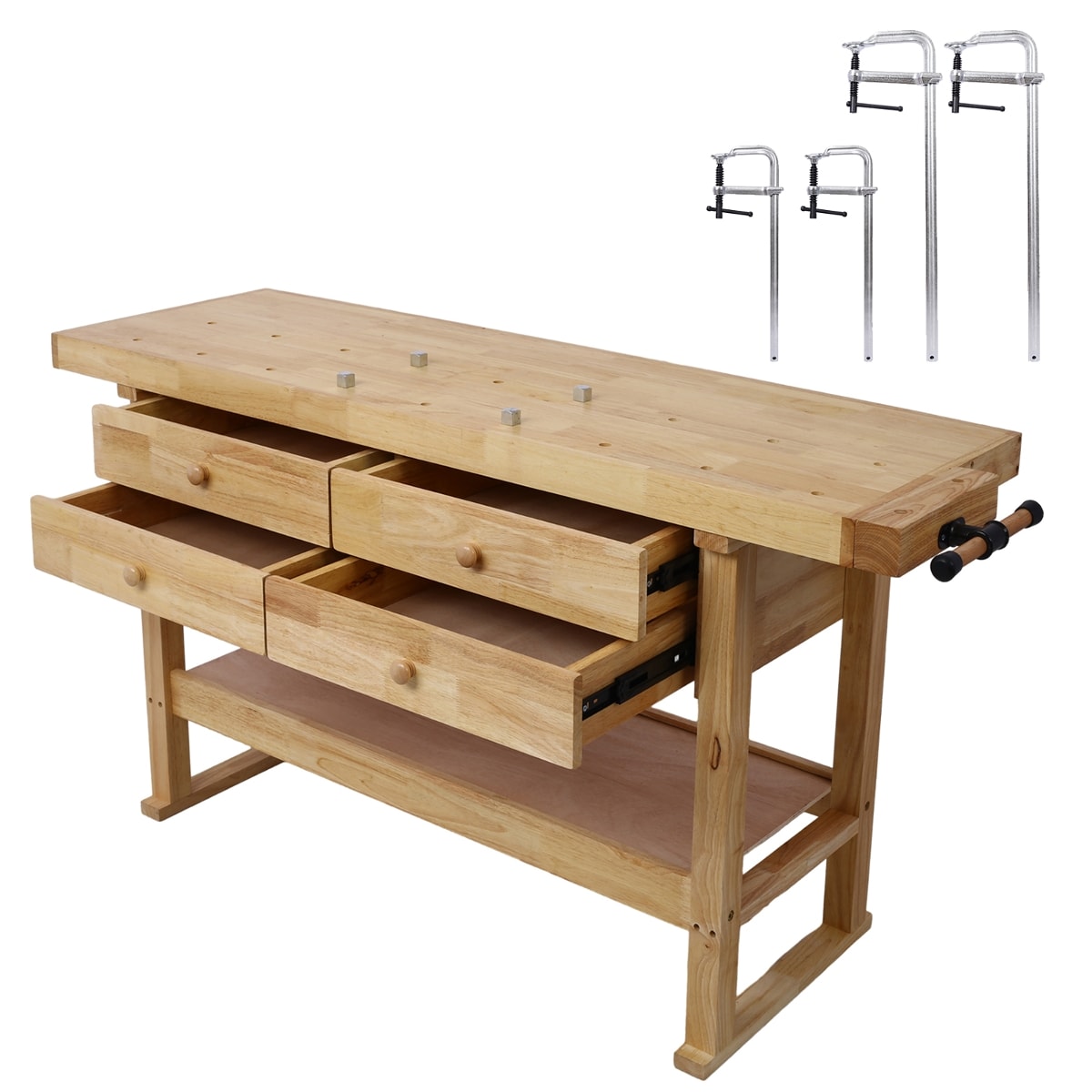 KEOKLE  Wooden Workbench with 4 Drawers and Bar Clamps Set for Garage Workshop and Home Rubber Wood 60 in