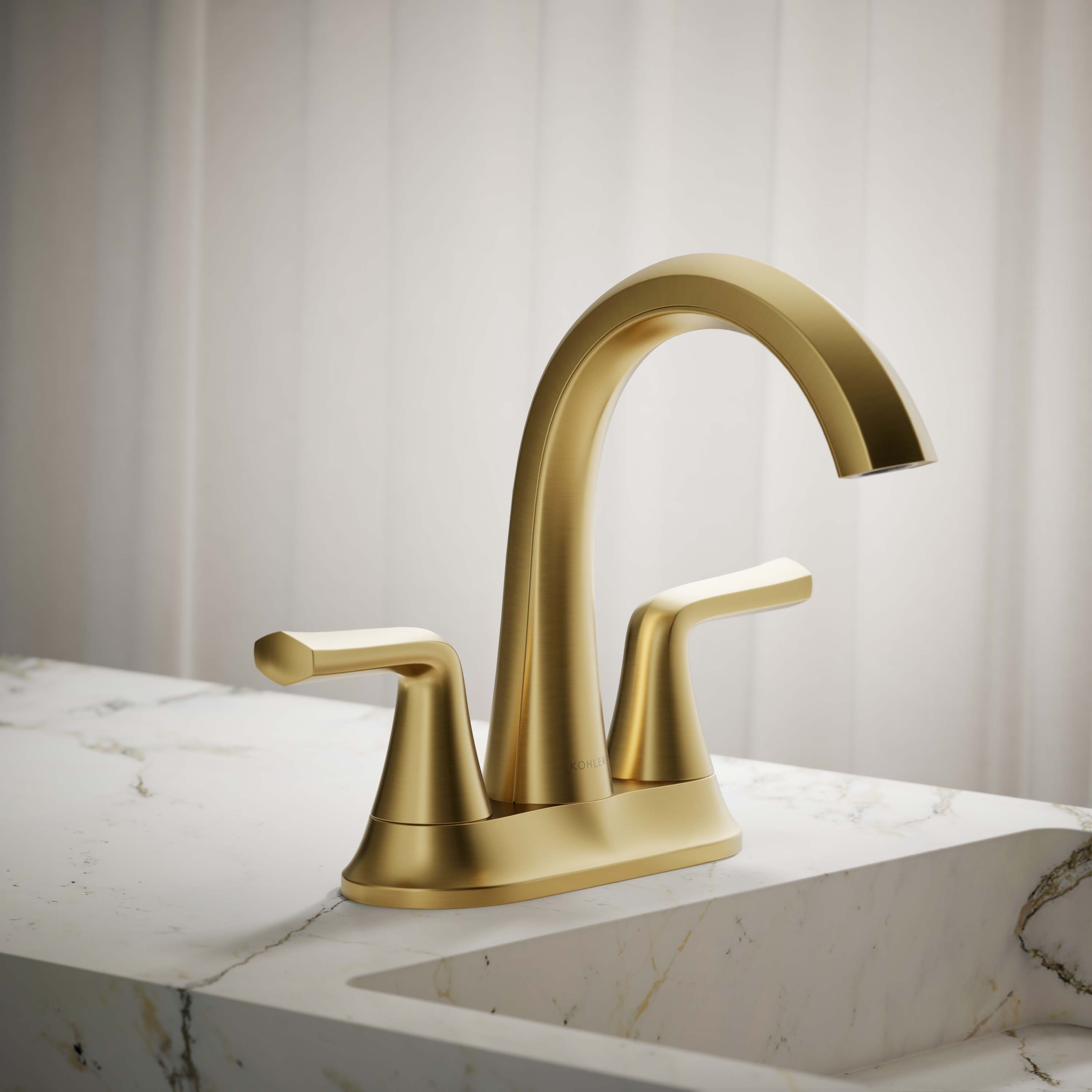 KOHLER R27212-4D-2MB Desette Vibrant Brushed Moderne Brass 4-in centerset 2-handle WaterSense Mid-arc Residential Handle Bathroom Sink Faucet with Drain