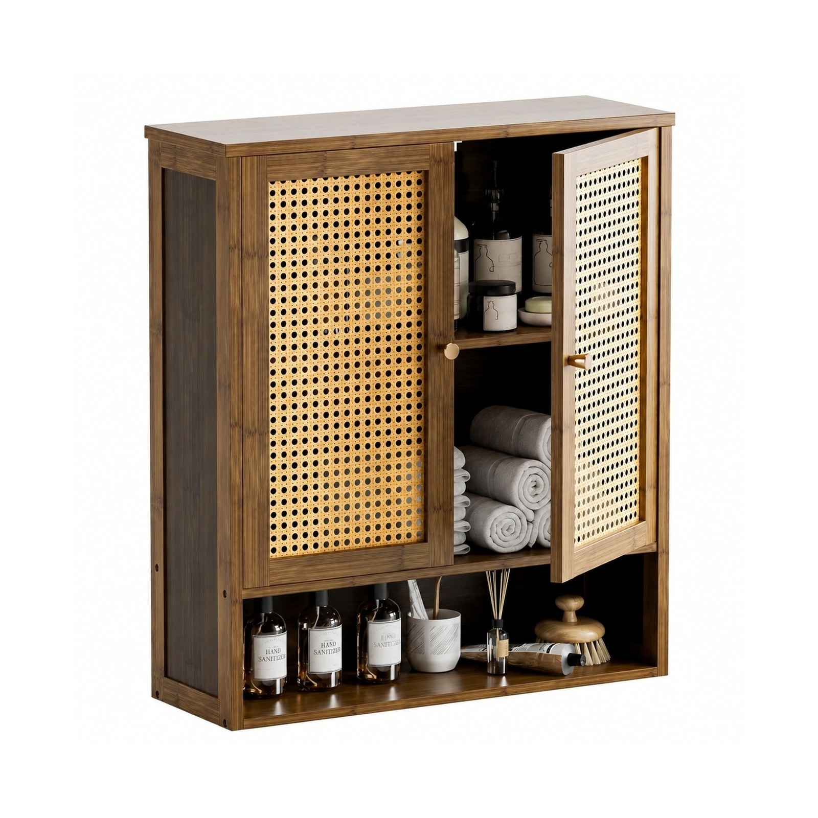 Ahfiwaso Bathroom Wall Cabinet Rattan Wall Cabinet with Shelves and Doors Bamboo Hanging Storage Organizer for Space Saving Over Toilet Walnut #LAH0818Q335