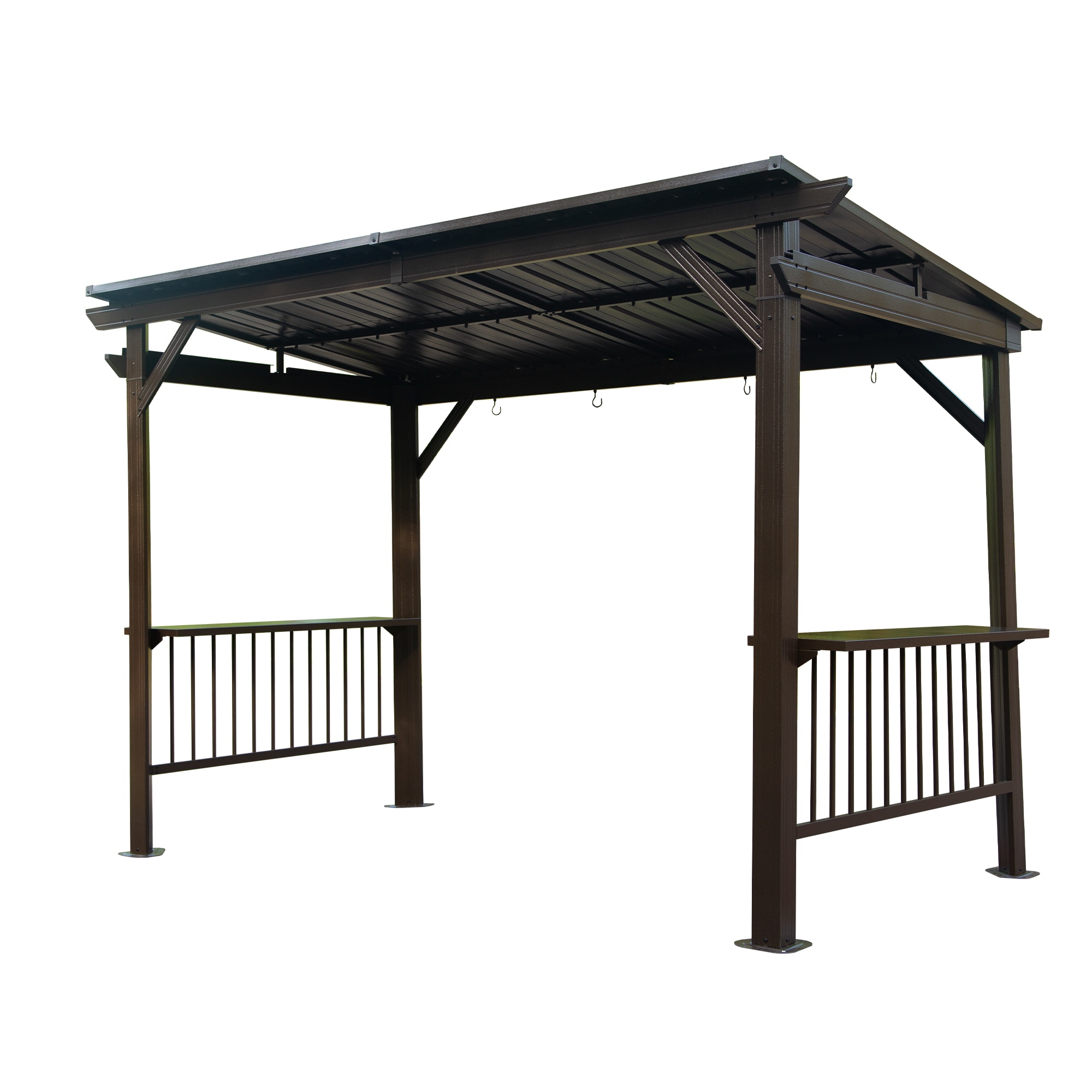 Tatayosi JL-859S00118 Hardtop Grill Gazebo Outdoor BBQ Gazebo with 2 Side Shelves and Sloping Galvanized Steel Roof Metal Permanent Grill Canopy with Ceiling Hooks for Patio Lawn Backyard Deck Brown