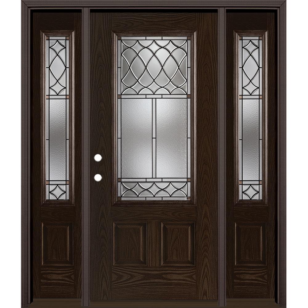 Masonite 1328074 Sheldon 64-in x 80-in Fiberglass 3/4 Lite Right-Hand Inswing Walnut Stained Prehung Single Front Door with Sidelights with Brickmould Insulating Core