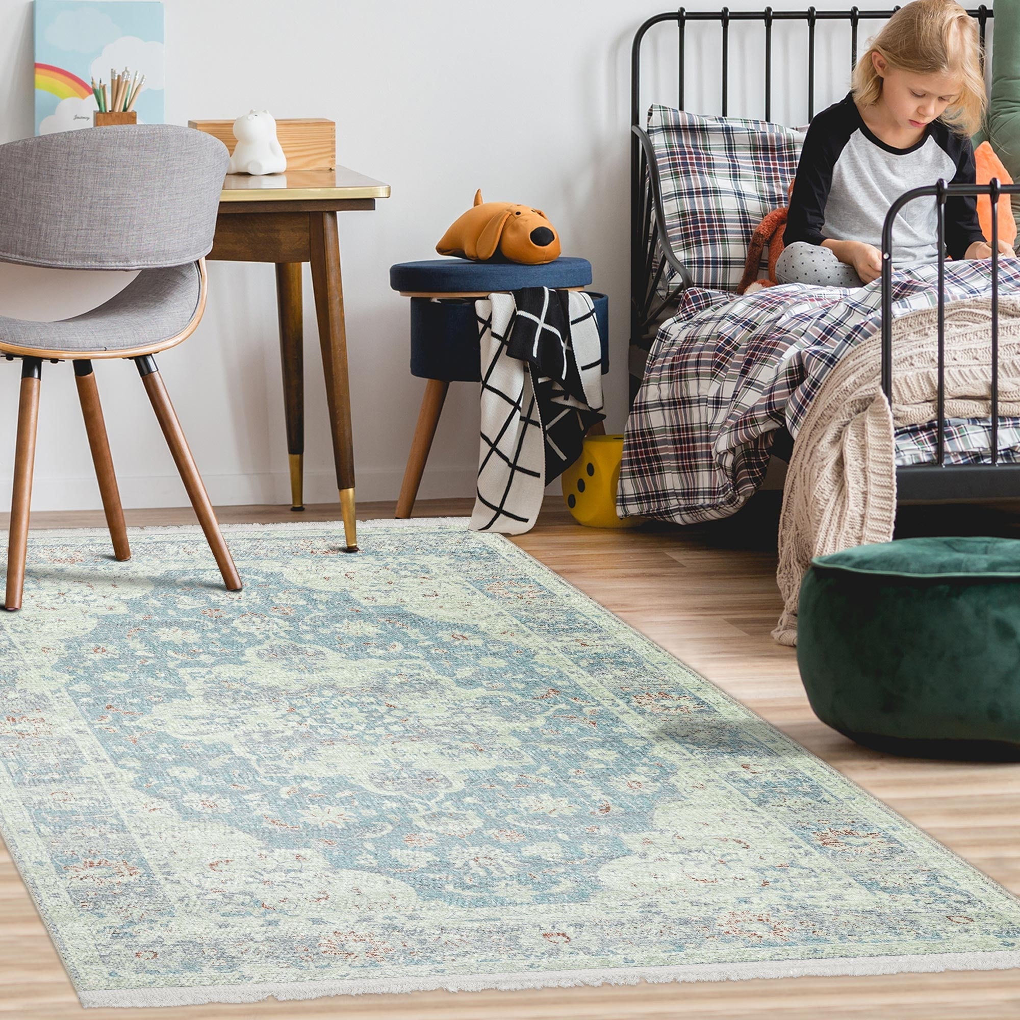 Greenish Blue Medallion Flatweave Washable Area Rug 4' x 6'