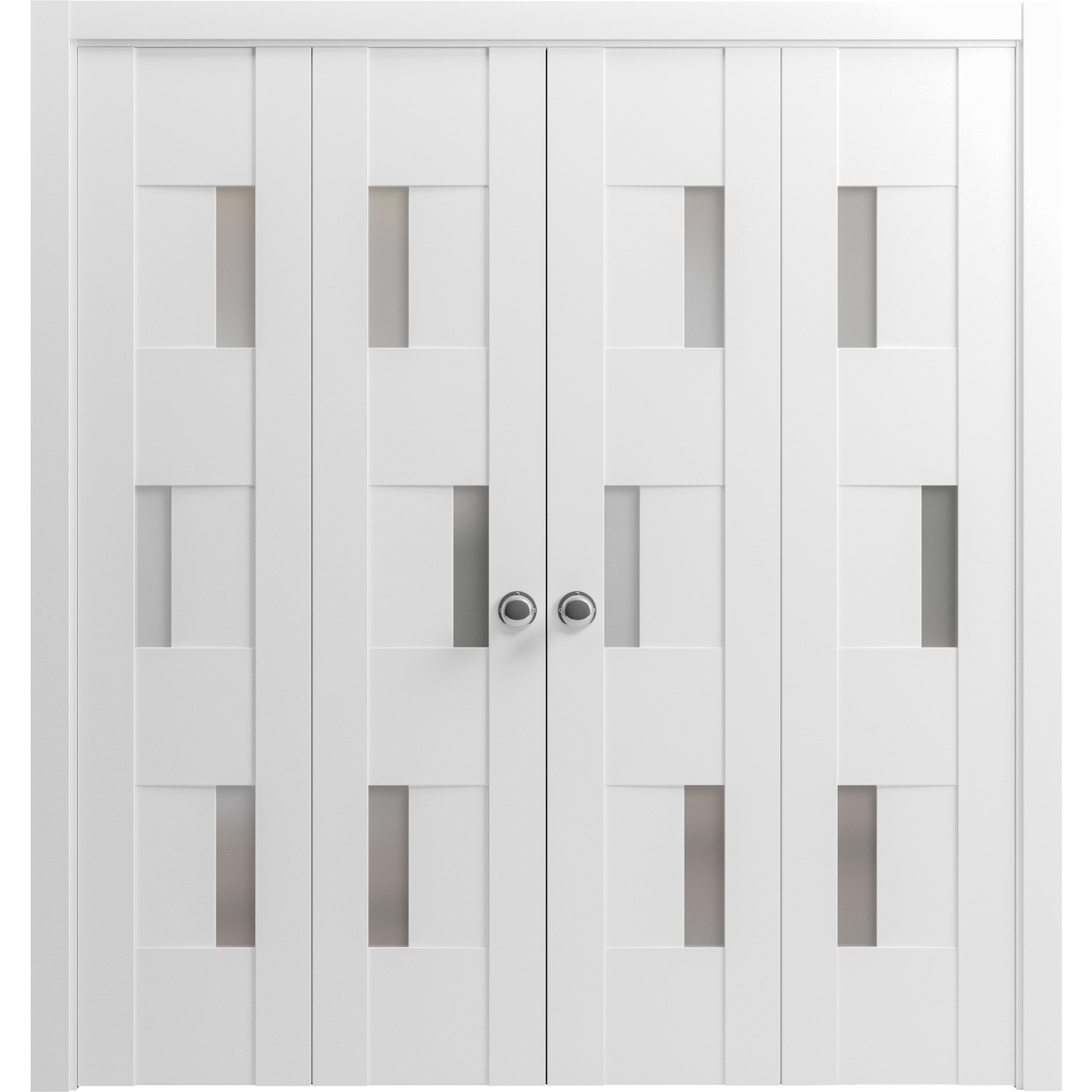 Vdom doors Sliding Closet Double Bi-fold Doors 96 x 96 (4x 24x96) - Sete 6933 White Silk - Sturdy Tracks Moldings Trims Hardware Set - Wood Solid Bedroom Wardrobe Doors