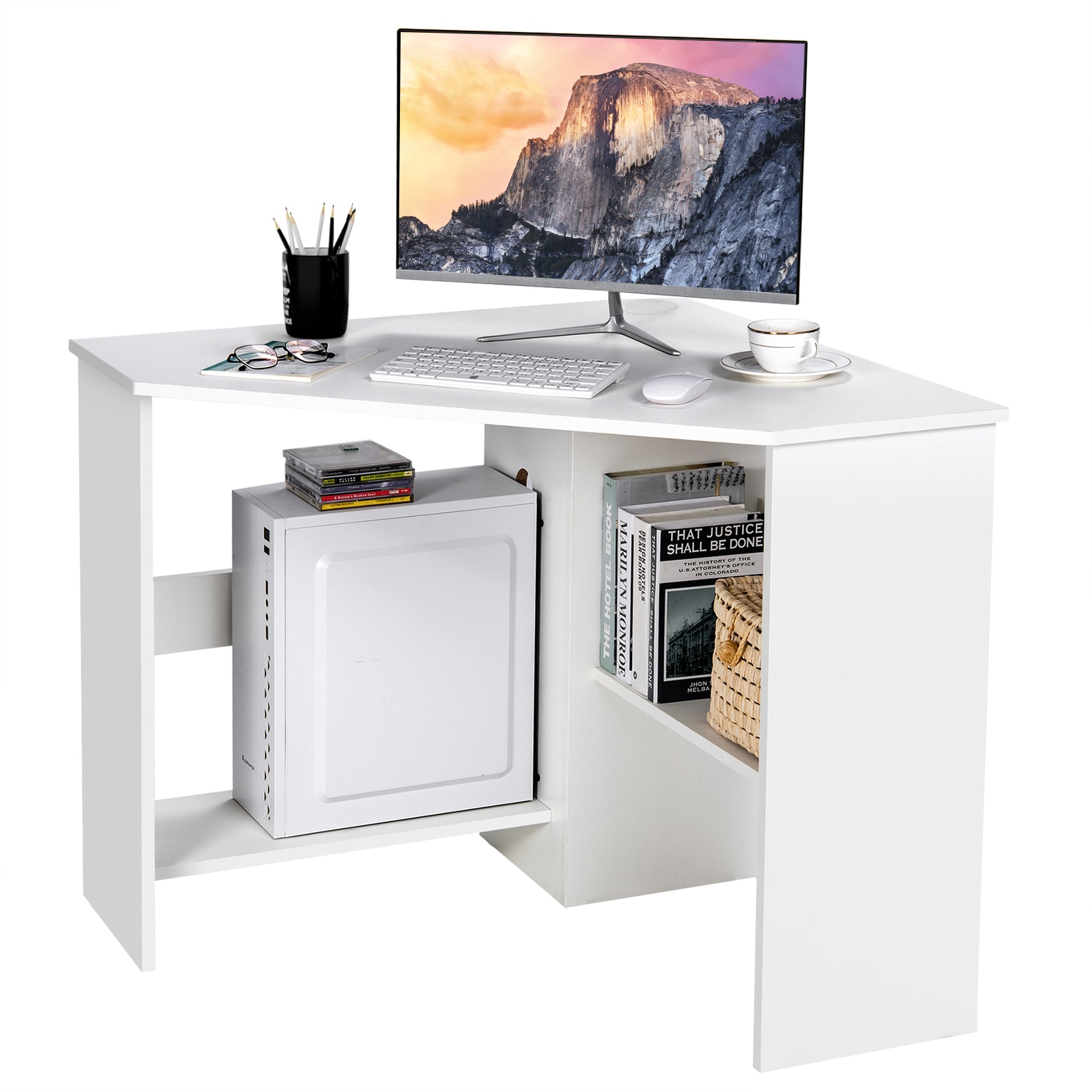 Slickblue - 48 Inch Vertical Corner Desk Engineered Wood Triangular Design Built In Cable Holes M...