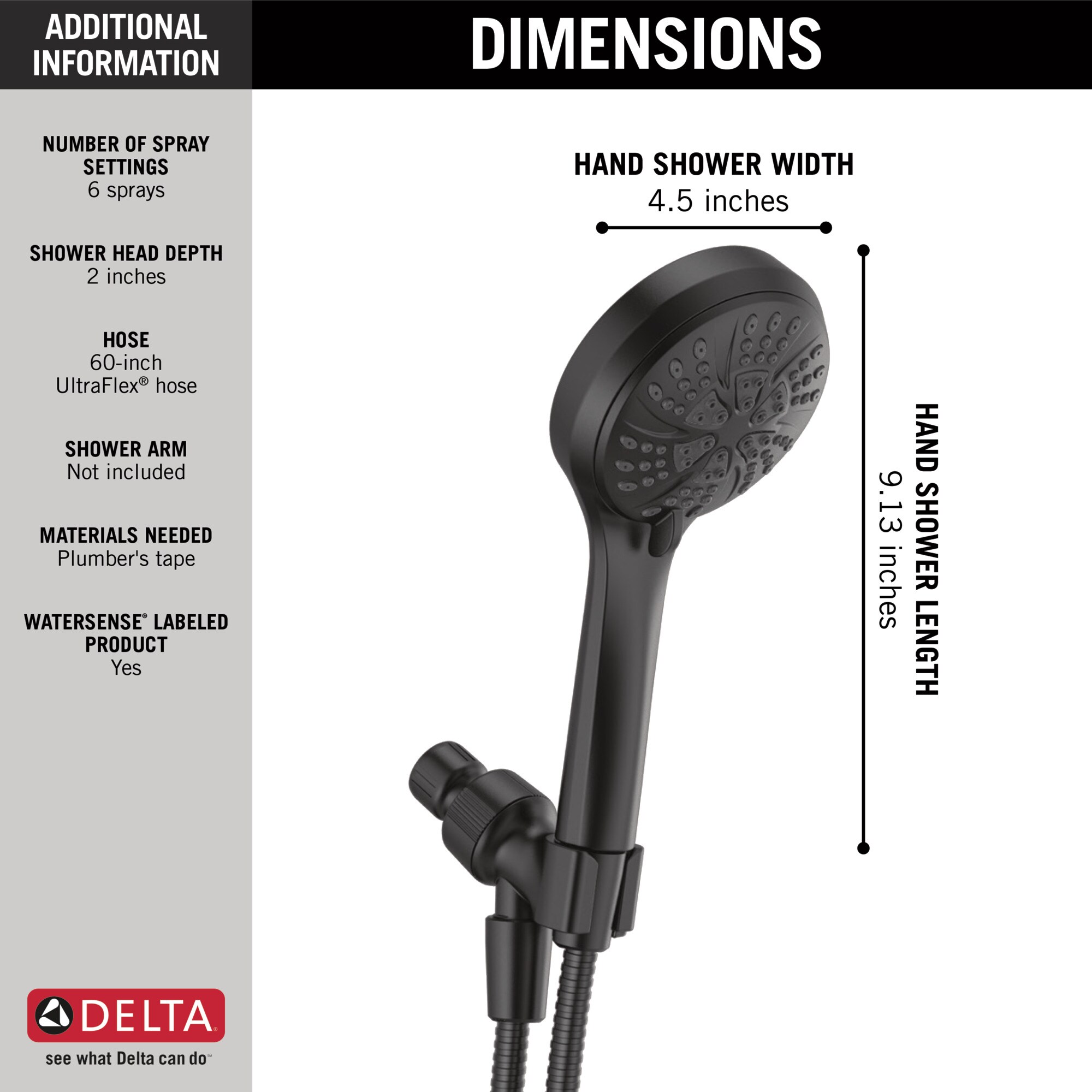 Delta Matte Black Round Handheld Shower Head 1.75GPM (6.6LPM) in the Shower Heads department