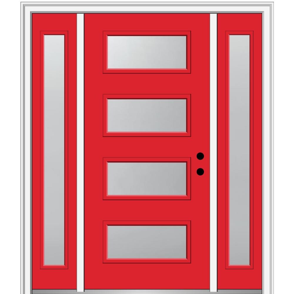 MMI DOOR ZZ346951L Spotlights 64-in x 80-in x 4-9/16-in Fiberglass Pulse lite Left-hand inswing Red Saffron Painted Prehung Front Door with Sidelights with Brickmould Insulating core
