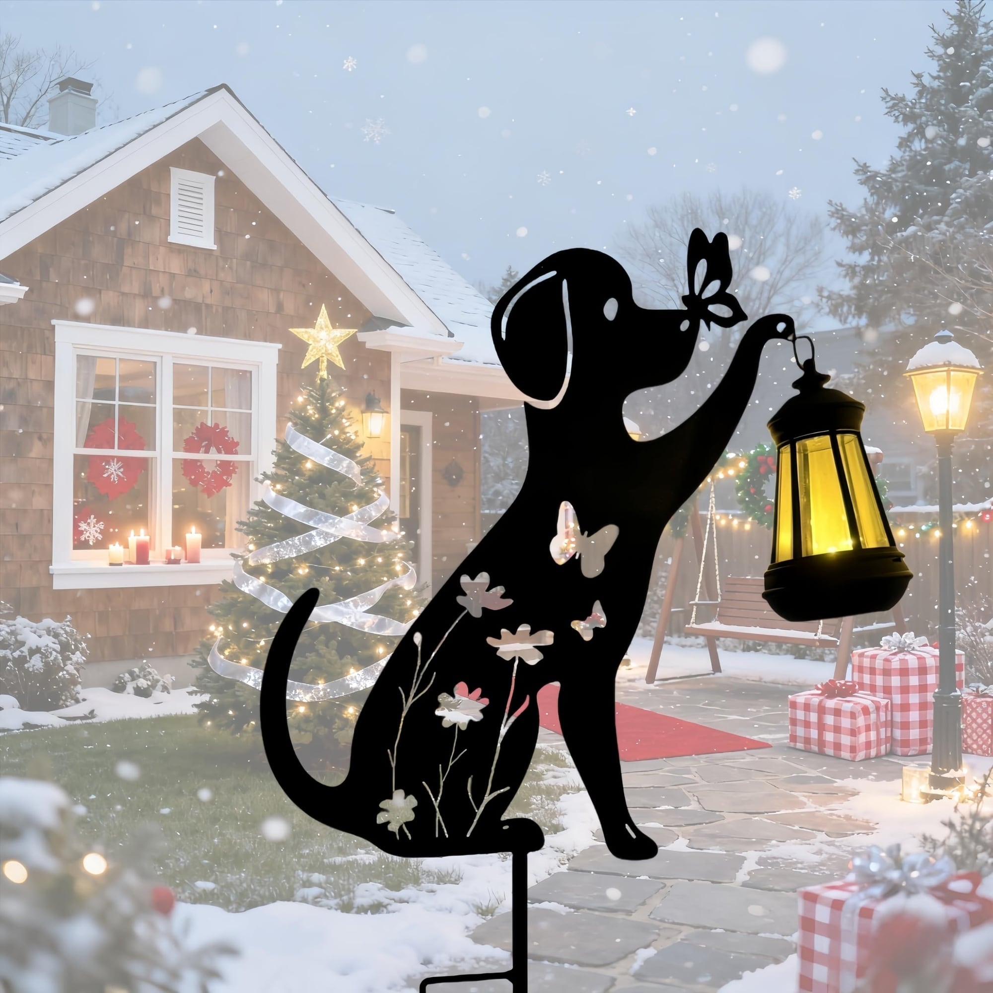 AOIZGMY - Metal Dog Christmas Garden Decor Solar Powered Outdoor Silhouette Decorative Stake for...