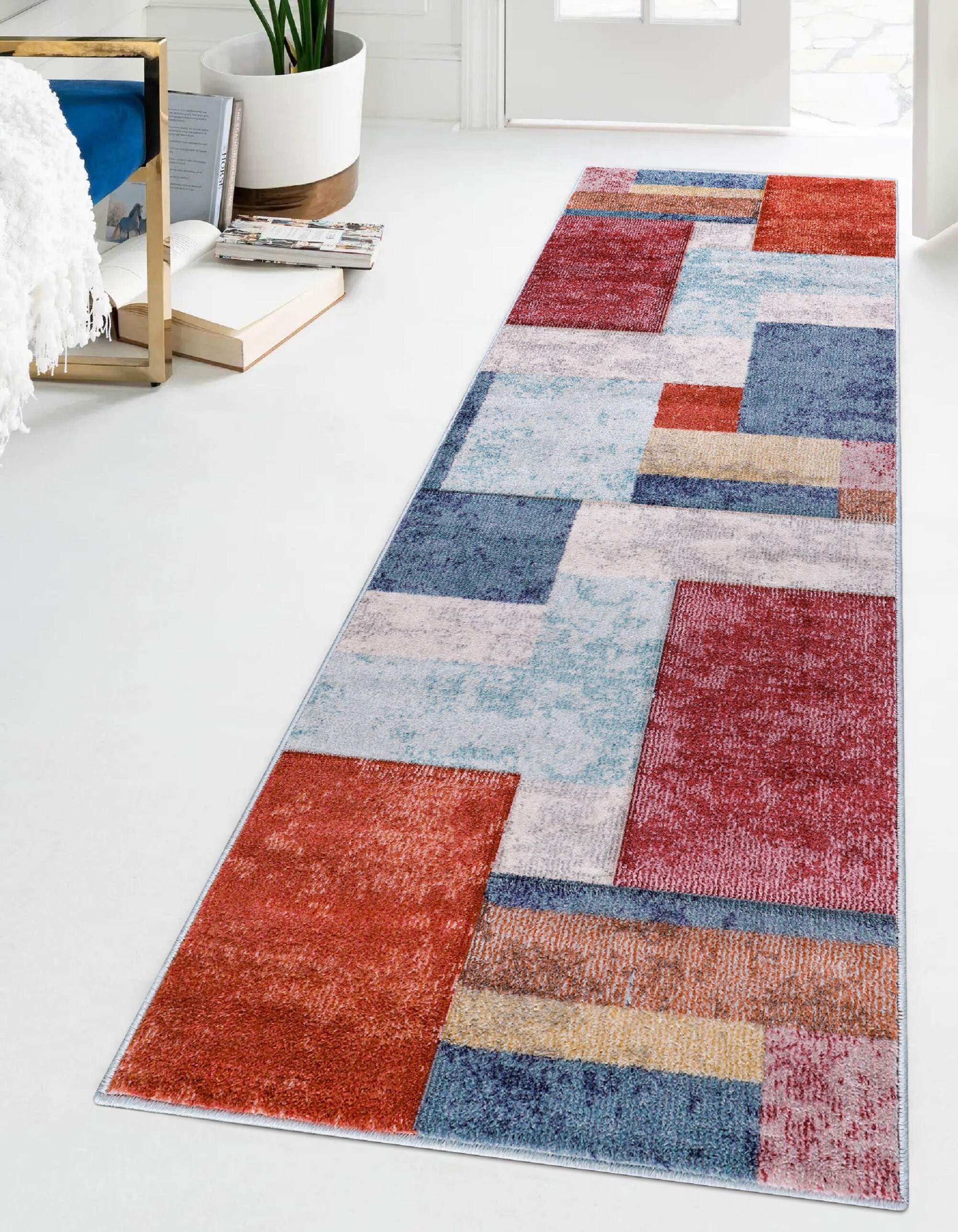MDA Rugs EP0128 Elpida 2 x 8 (ft) Polypropylene Ivory, Gray, Blue and Red Rectangular Indoor Geometric Runner rug