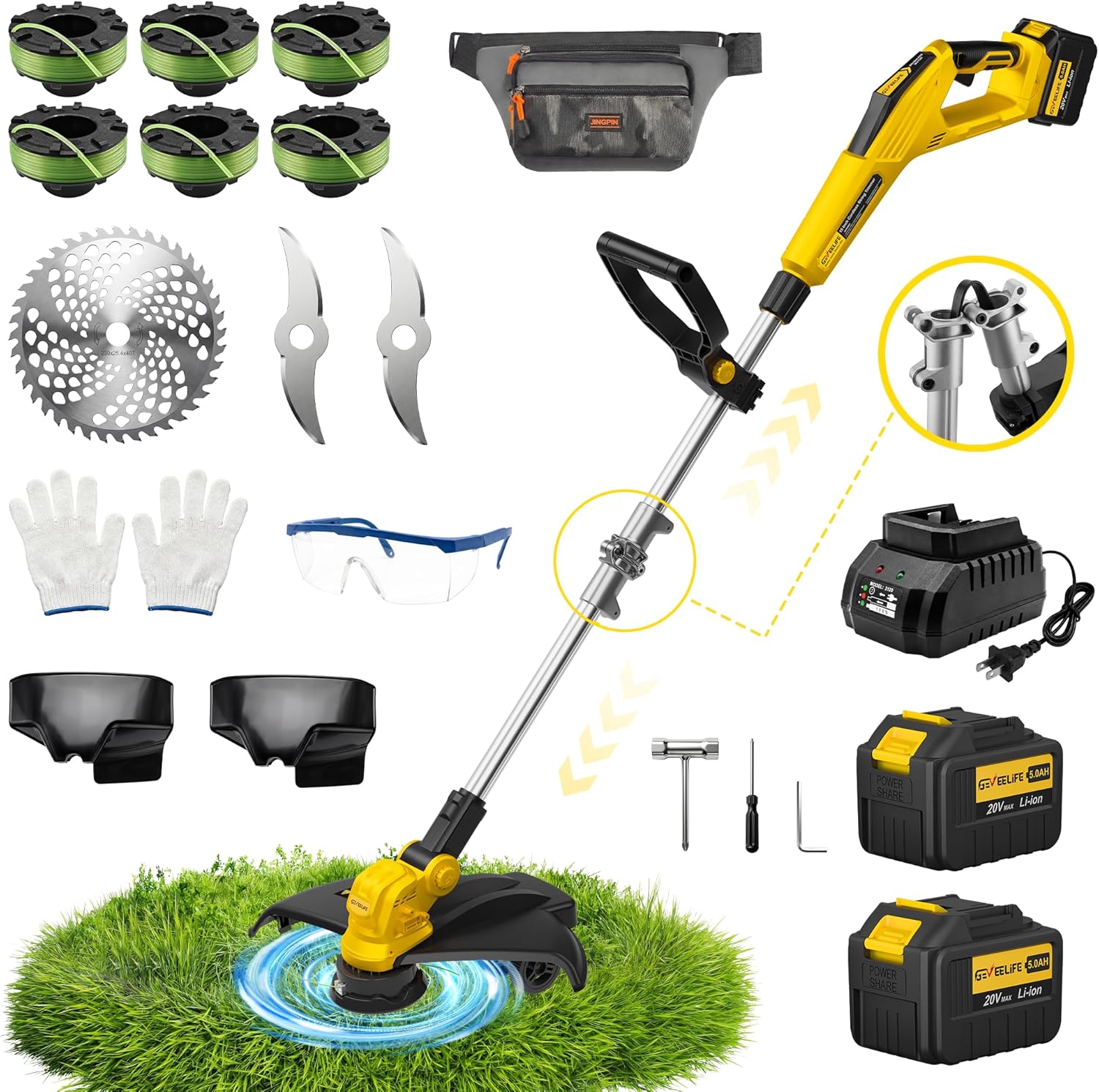 GEVEELIFE  Brushless Electric Weed Wacker String Trimmer 21V Cordless Weed Eater and Edger with 15 Inch Cutting Width Powered by Dual 5.0Ah Batteries 4 in 1 Eco Friendly Grass Cutter