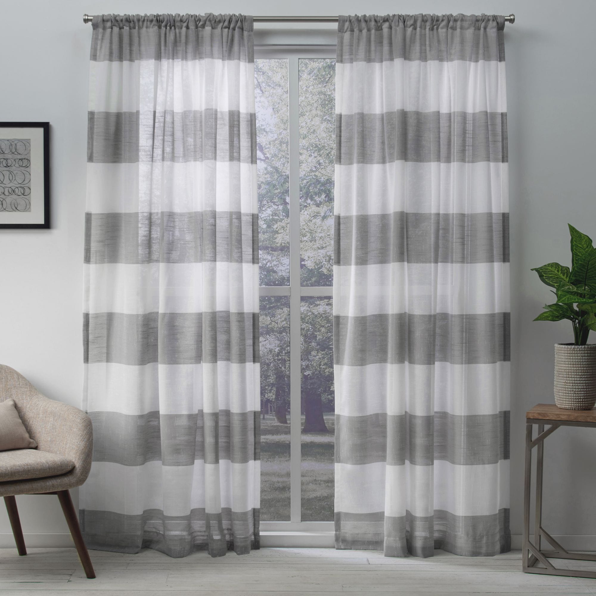Exclusive Home EH7949-03 2-84R 84-Inches Black pearl Striped Sheer Rod pocket Curtain panel pair