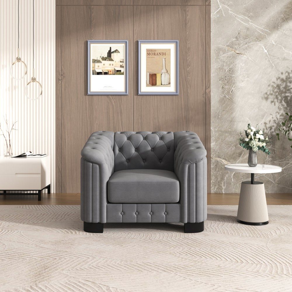 Coolbibila QUINN-VELVET-GRAY Modern Gray Velvet Upholstered Single Sofa Chair with Tufted Back for Living Room or Small Space