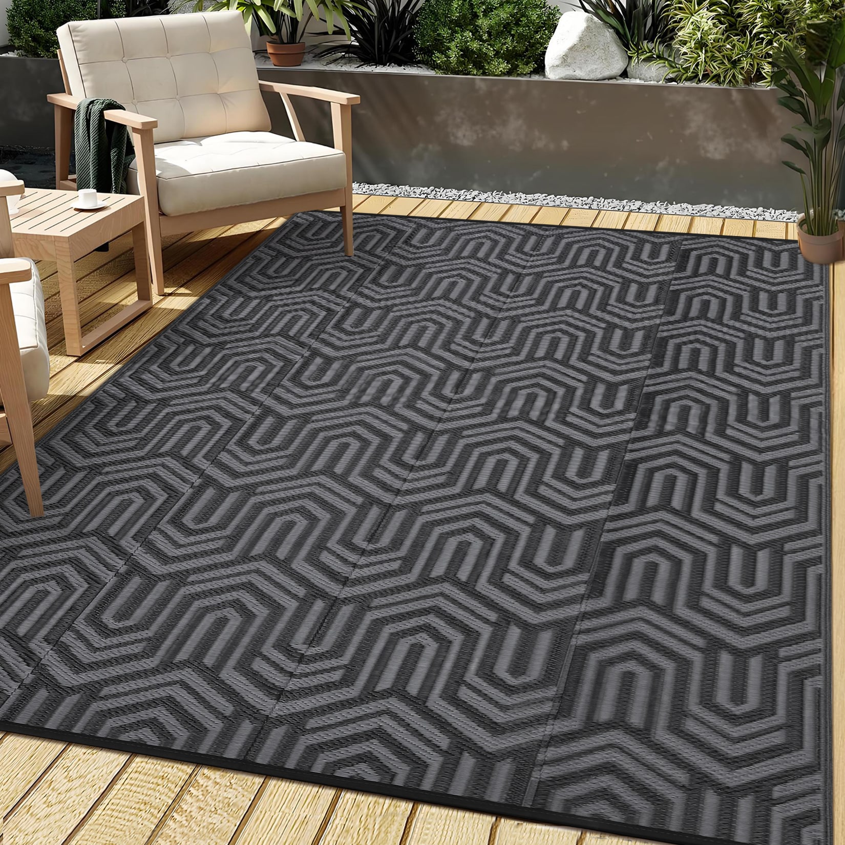 IdealHouse 8x10 Abstract Reversible Outdoor Rug/ Stain Resistant Plastic Floor Carpet/ Modern Decor Lightweight Mat Suitable for Patio Camping RV and Outdoor Household Use - Black Grey #BZB-BM5K0-46