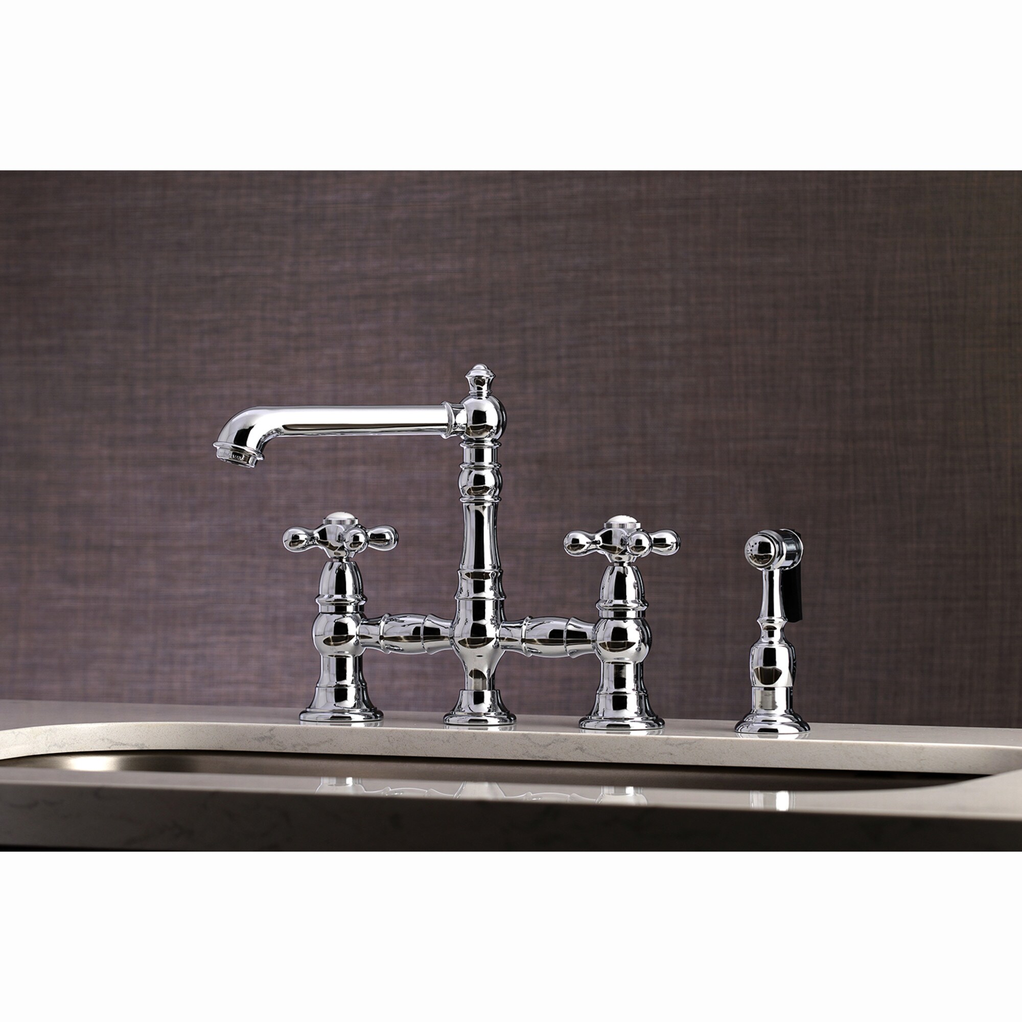 Kingston Brass WLKS7271AXBS English Country Polished chrome Double Handle Deck-mount Bridge Kitchen Faucet with Sprayer ( Side Sprayer Included )