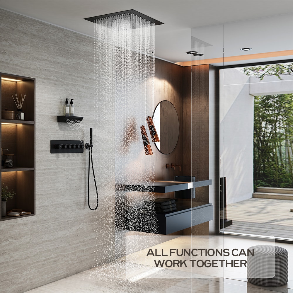 Matte Black Thermostatic Shower System with Rainfall and Jet Functions