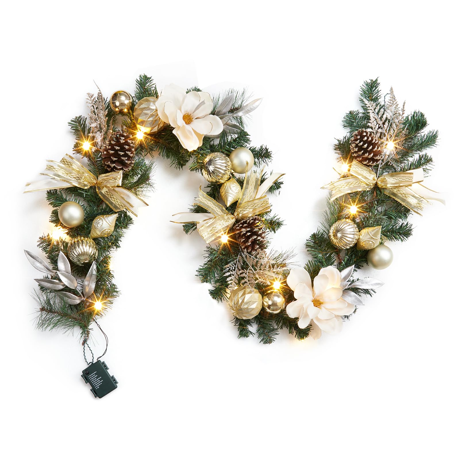 ITOPFOX  6ft Christmas Garland with Lights Prelit Outdoor Garland with Timer 20 LED Lights Pine Cones Gold Ball Ornaments Bow for Mantle