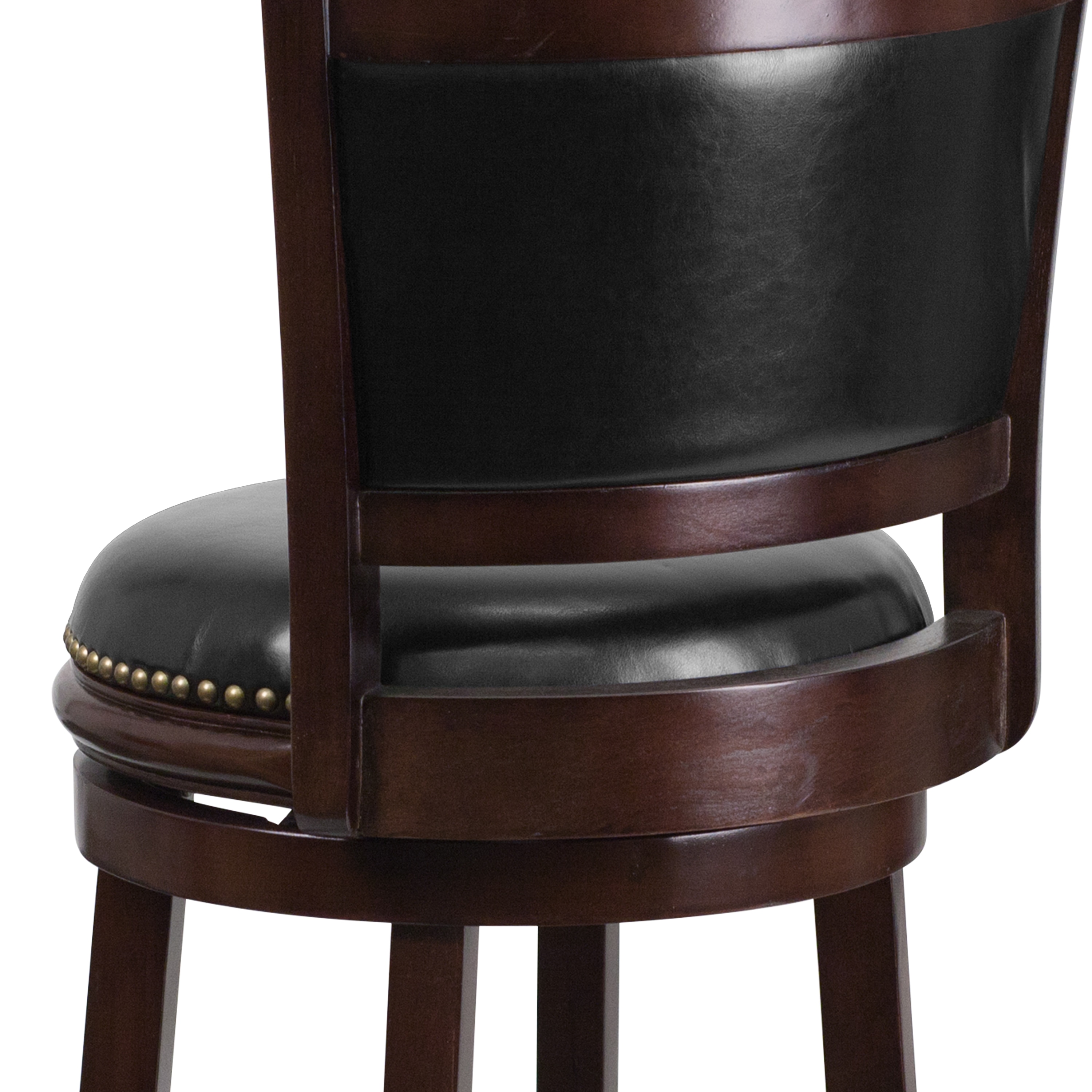 Elegant 43'' Black Leather and Cappuccino Wood Swivel Barstool