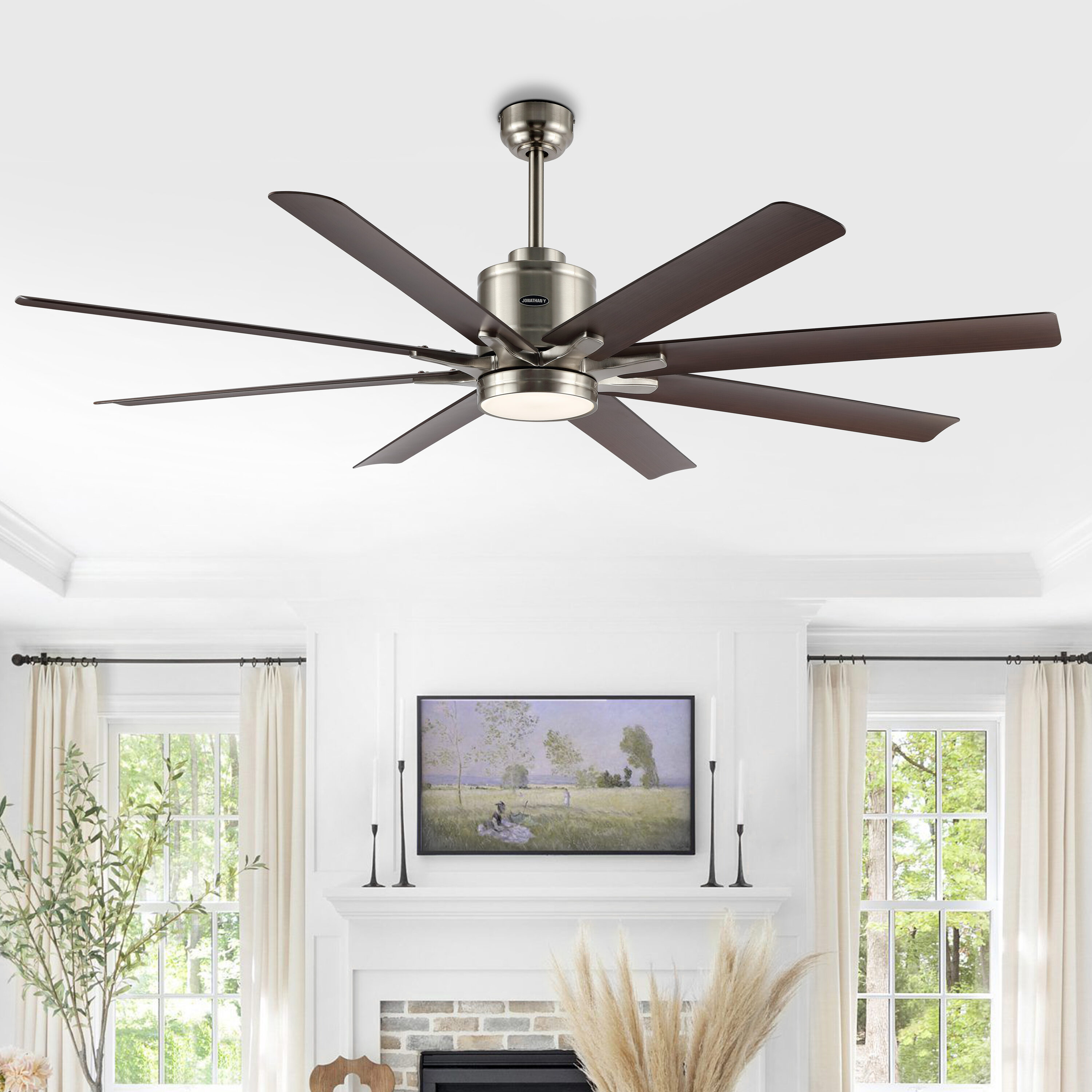 JONATHAN  Y JYL9712C Octo Contemporary Iron/Plastic 66-in Smart Nickel with Neutral Brown Wood Finish Blades with Ceiling Fan With Light - Remote Included ( 8 -Blade )