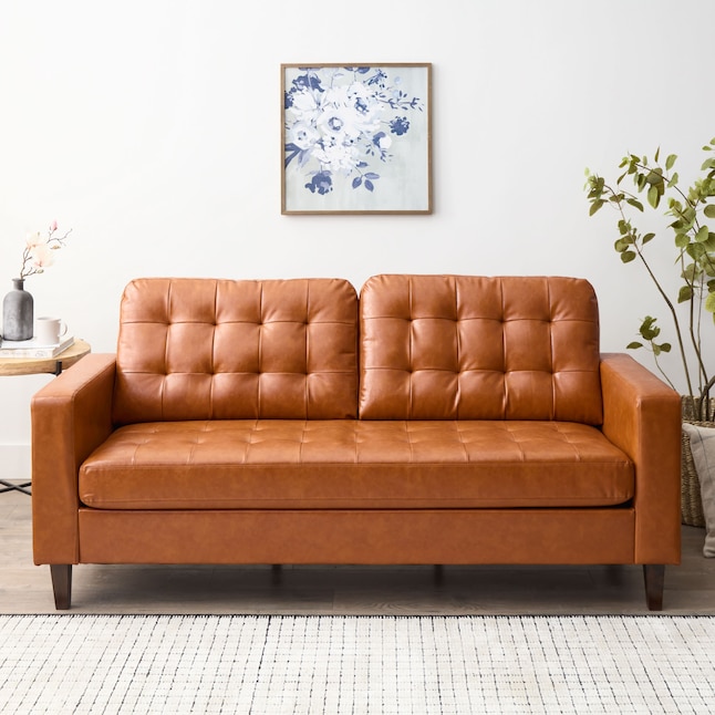 End Individualitet impressionisme Brookside Brynn Faux Leather Midcentury Camel Faux Leather Sofa in the  Couches, Sofas & Loveseats department at Lowes.com