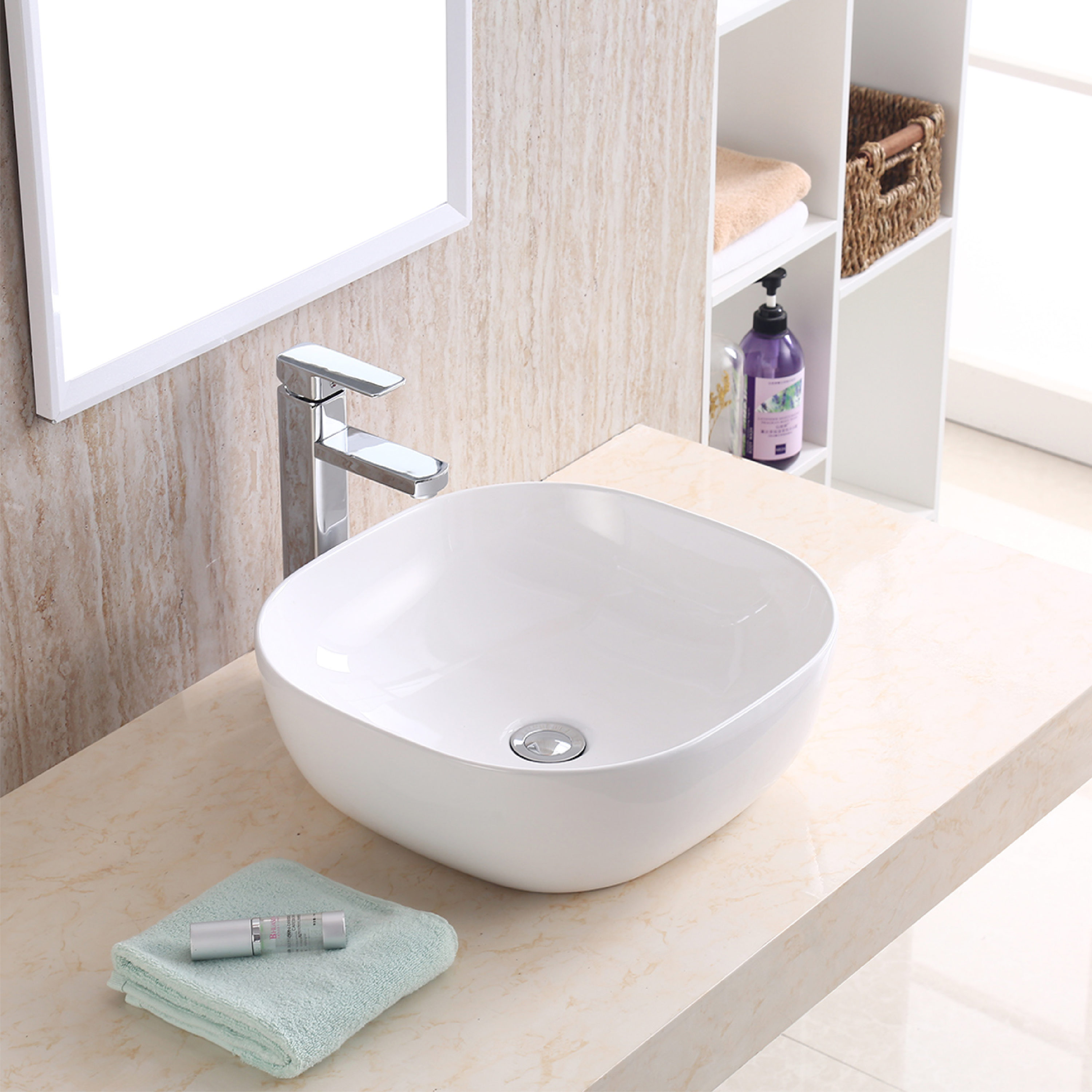 White Ceramic Square Above-Counter Vessel Bathroom Sink