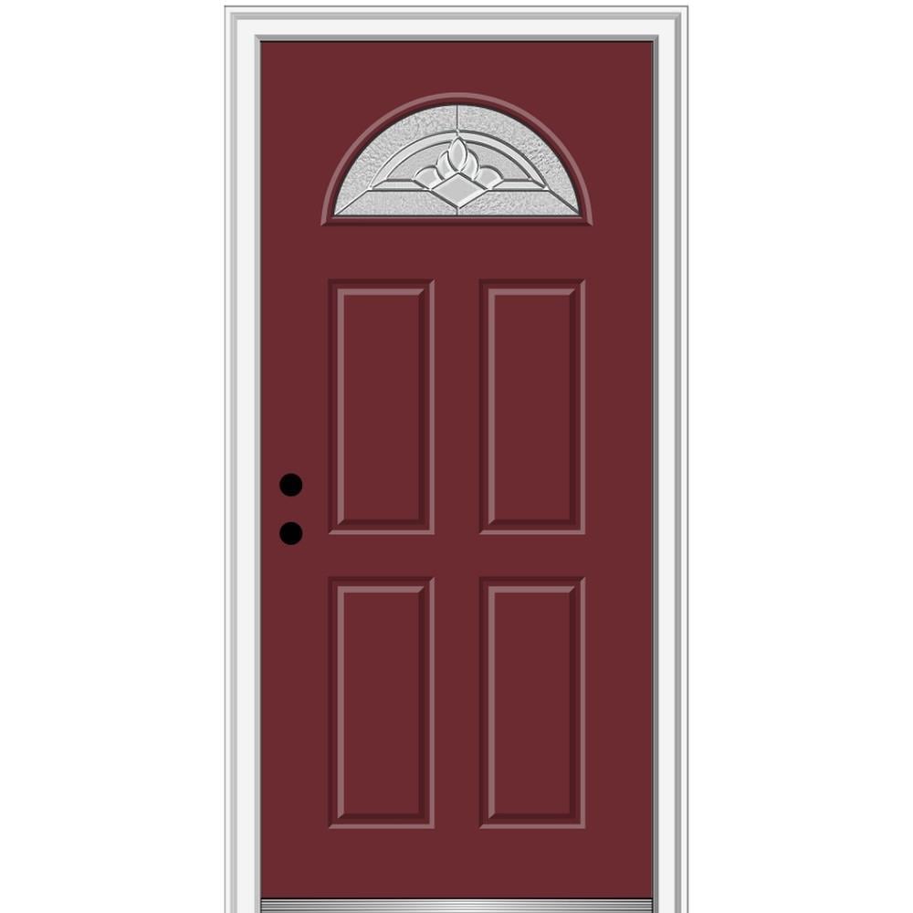 MMI DOOR ZZ3667374R 32-in x 80-in x 4-9/16-in Fiberglass 1/4 lite Right-hand inswing Burgundy Painted Prehung Front Door with Brickmould Insulating core