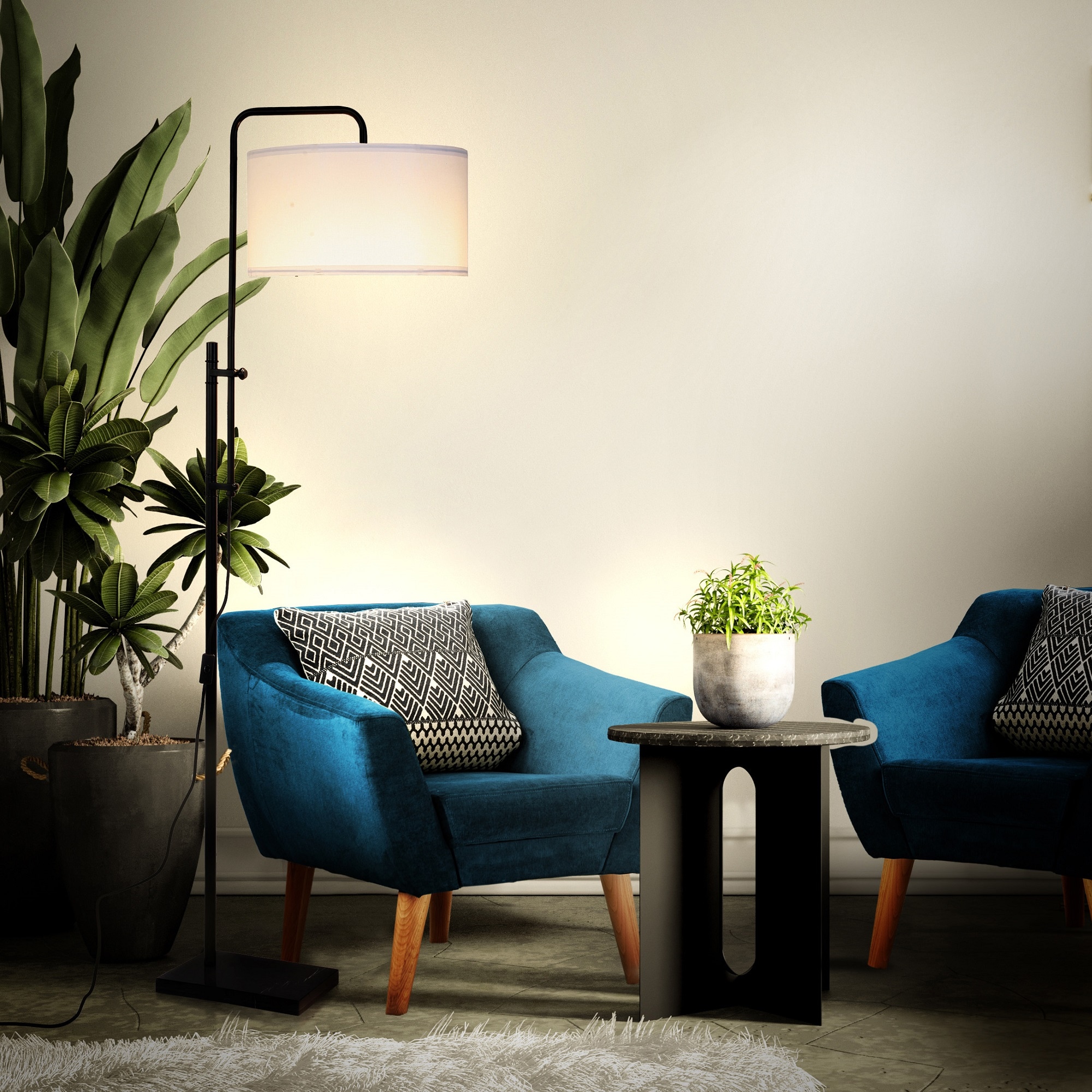 Leo Adjustable Black Arc Floor Lamp with White Fabric Shade