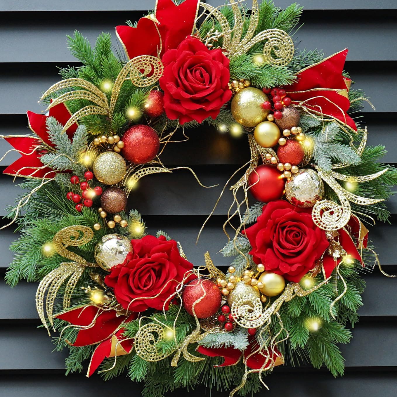ITOPFOX  Christmas Wreath for Front Door 24 Inch Outdoor Holiday Wreath with Lights Pinecone White Berries Silver Ornaments Design