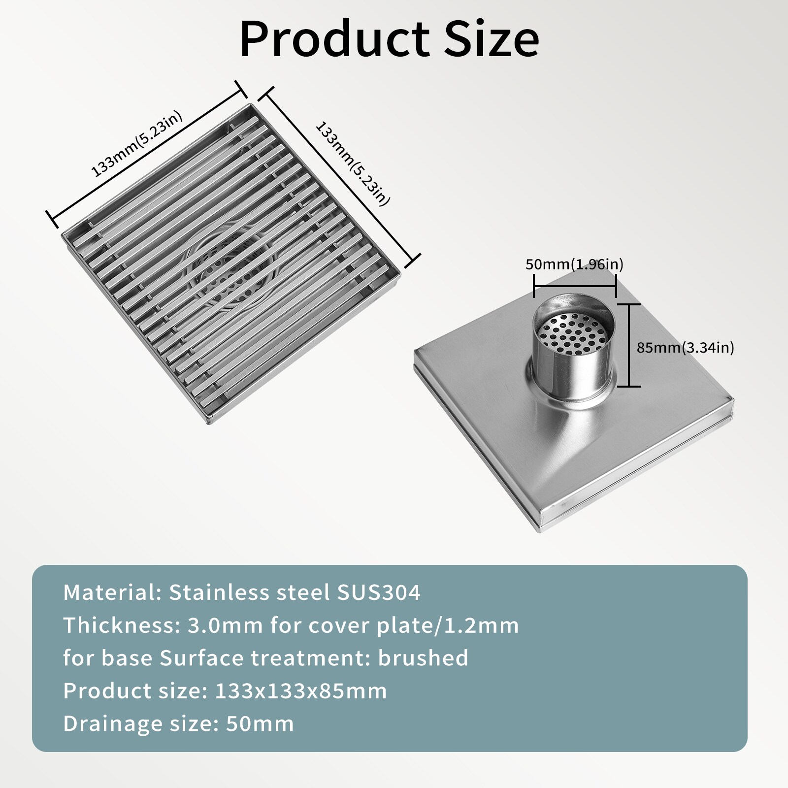 6-Inch Brushed Nickel Square Stainless Steel Shower Drain