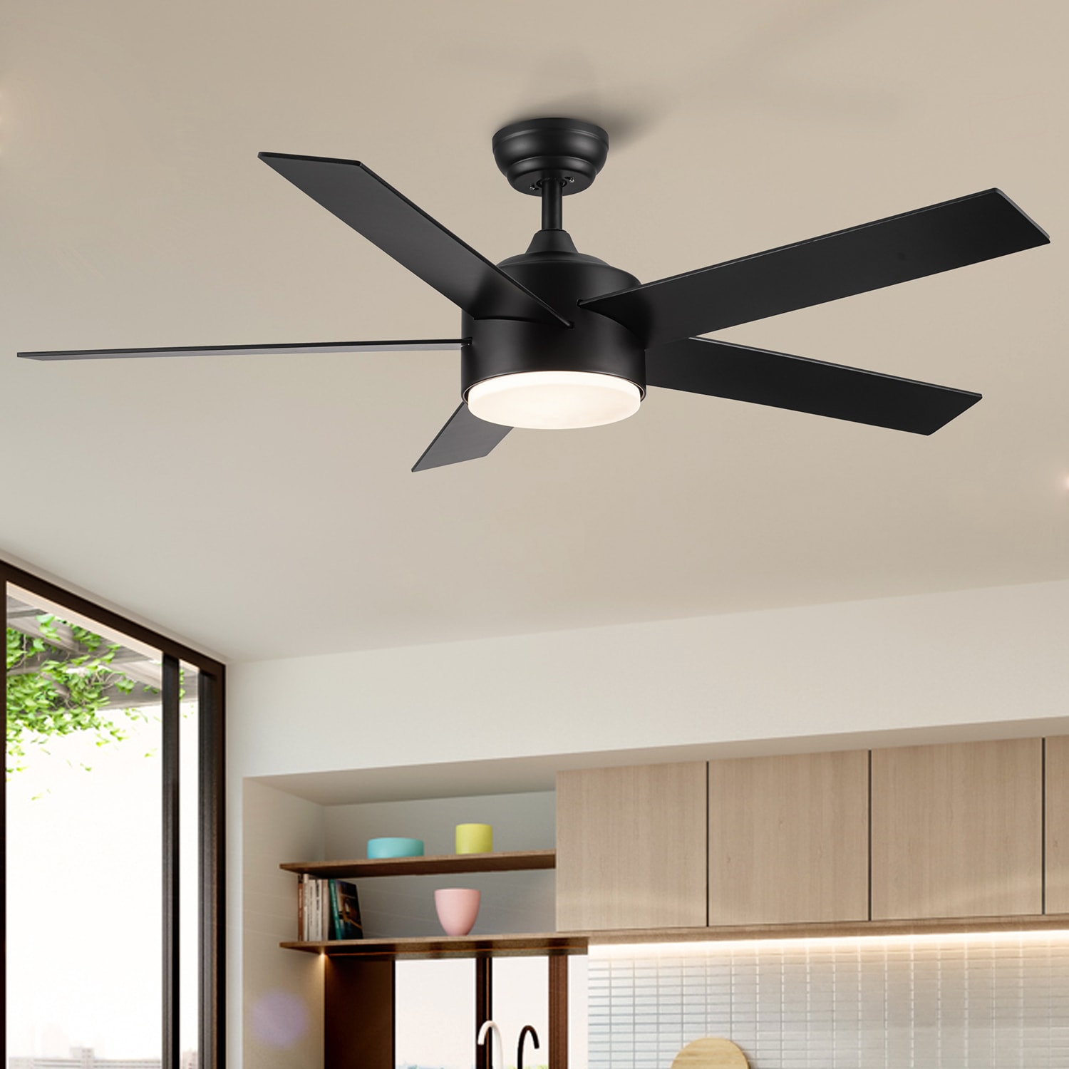 GZMR WFGZ-KB4704 52-Inches Matte Black with Plywood Blades Color-Changing Indoor Downrod mount Standard Ceiling Fan With Light and Remote ( 5 -Blade)